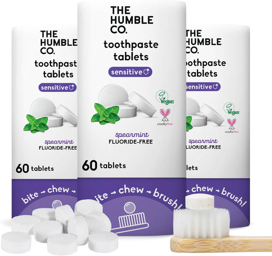 The Humble Co. Sensitive Toothpaste Tablets – Fluoride Free Toothpaste Tablets for Sensitive Teeth and Gums, Dentist Developed Formula, Vegan, SLS Free, Plastic Free (Spearmint, 2 PK)