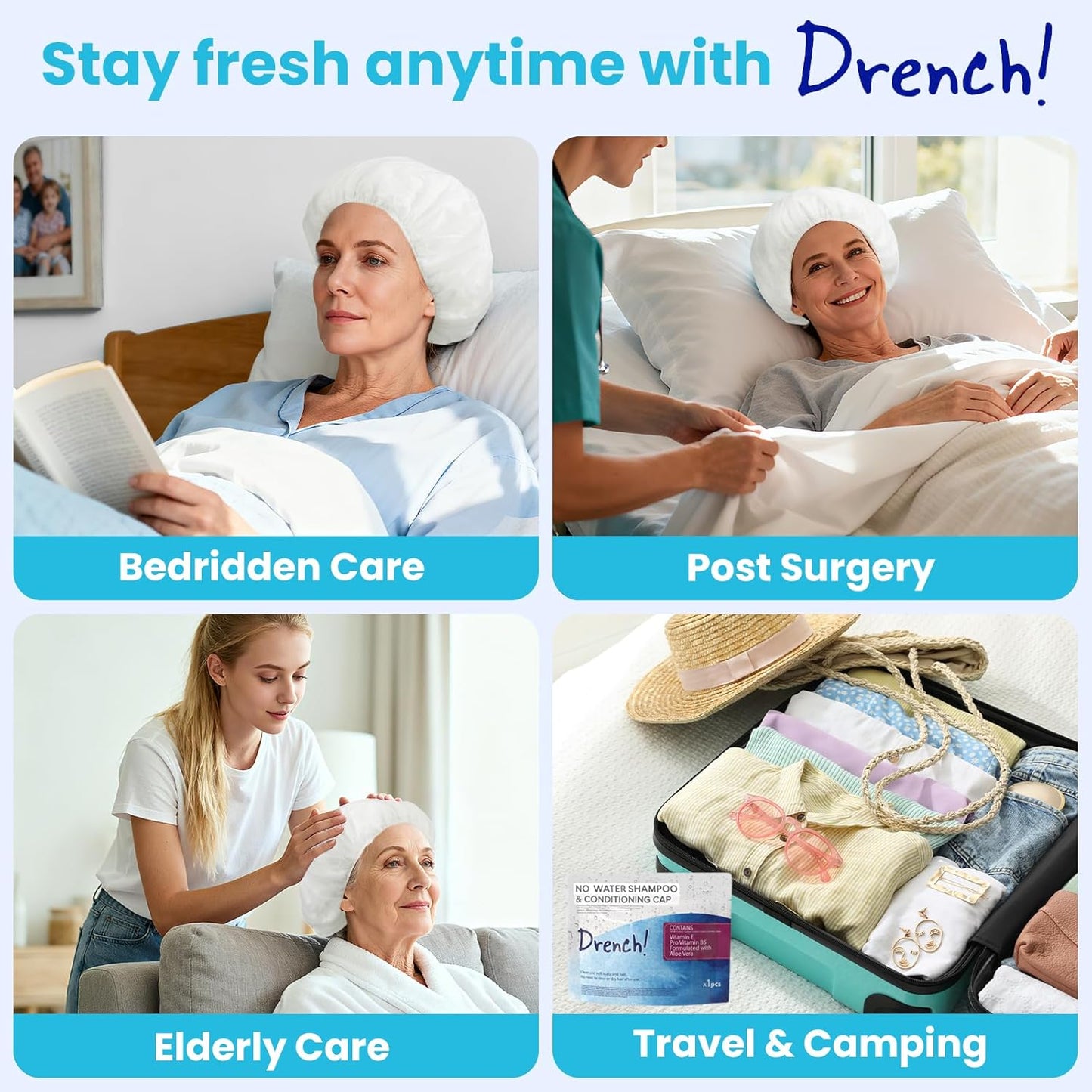 Drench Shampoo Caps No Rinse - Waterless Shampoo Cap and Conditioner - Dry Hair Wash Caps for Elderly or Bedridden - Contains Aloe Vera, Vitamin E and Provitamin B5-6 Counts