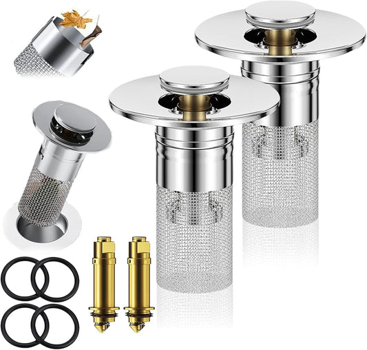 Bathroom Sink Stopper Hair Catcher, Pop-up Sink Drain Strainer with Removable Stainless Steel Strainer Basket Hair Catcher, Bathroom Sinks Strainer for Bathrooms Sink Stopper Replacement (2 PCS)