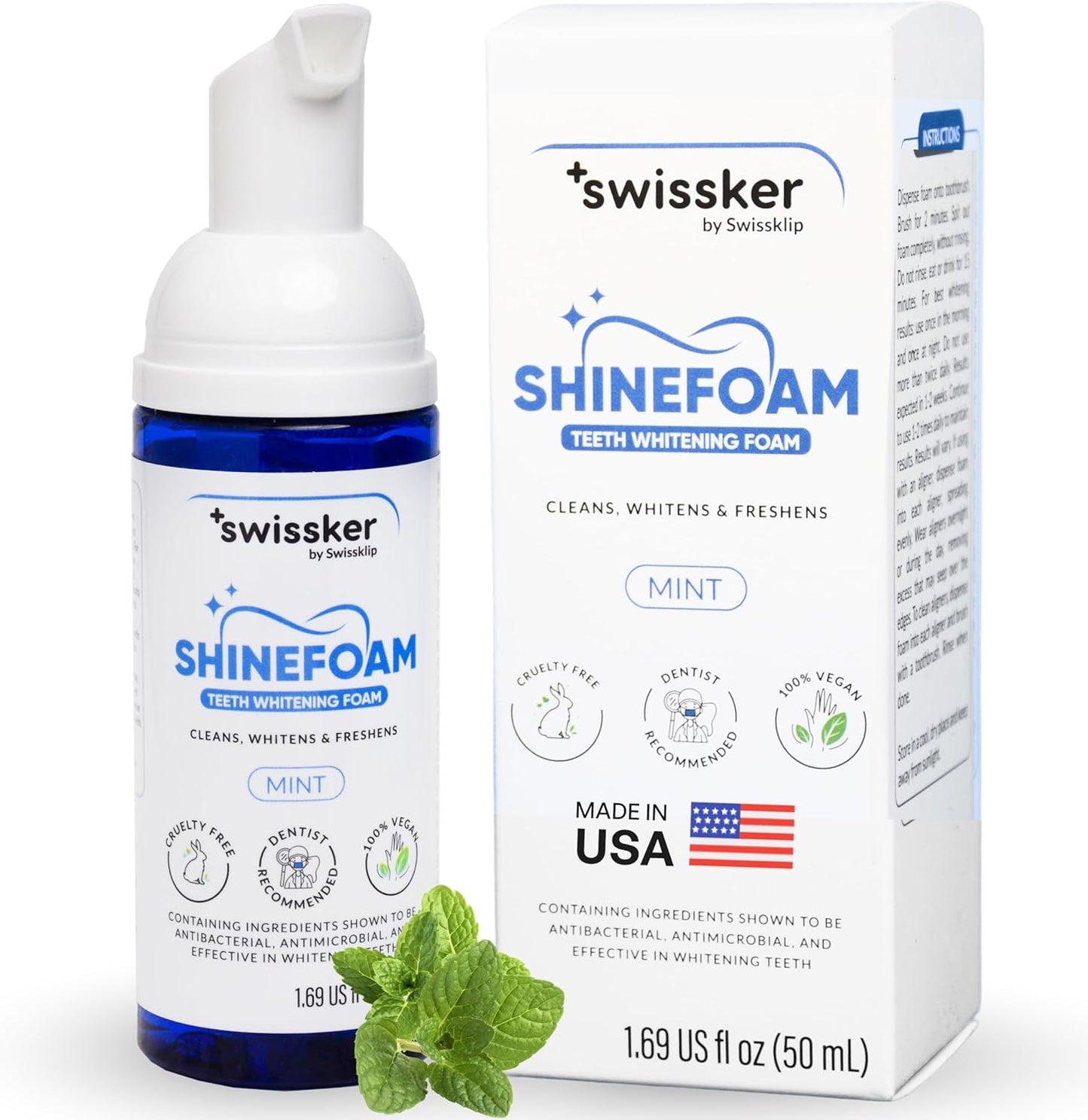Swissklip Teeth Whitening Foam | Mint Flavor Whitening Toothpaste | Teeth Whitener I Professional Teeth Whitening Kit | 100% Vegan - Made in USA - 1.69 oz - Pack 1