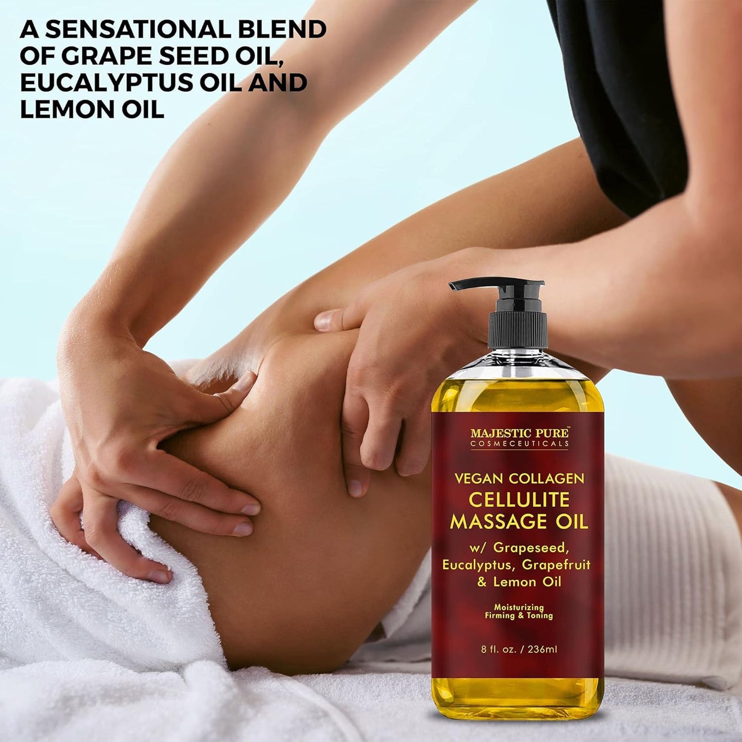 MAJESTIC PURE Cellulite Massage Oil for Massage Therapy - Refreshing, and Relaxing - Natural Oils with with Vegan Collagen & Stem Cells - for All Skin Types - Men and Women - 8 fl oz