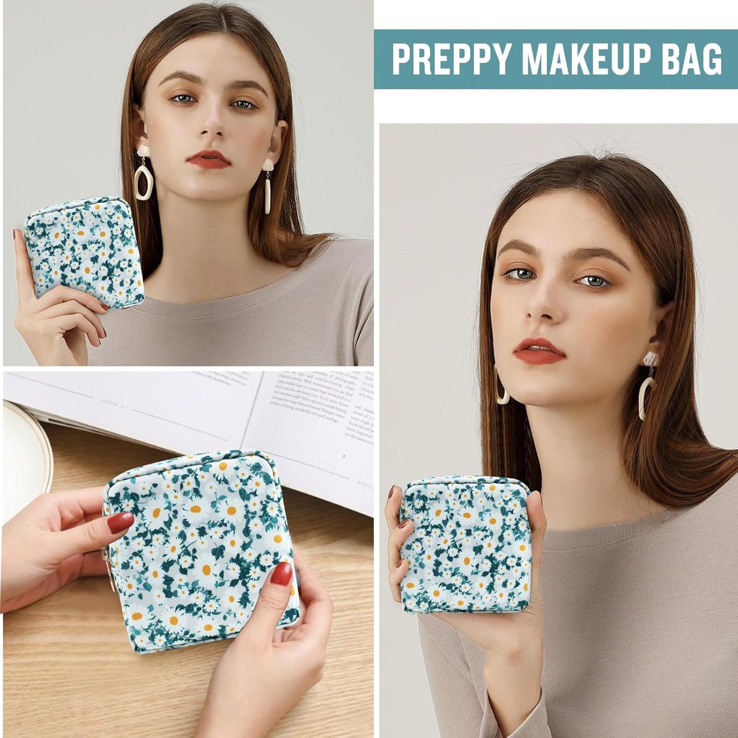 Nylon Mini Floral Makeup Bag for Purse, Small Cute Travel Makeup Bag Preppy Flower Cosmetic Zipper Pouch, Waterproof Coin Pouch Sanitary Napkin Storage Bag Make Up Organizer Set for Women(Green-Daisy)