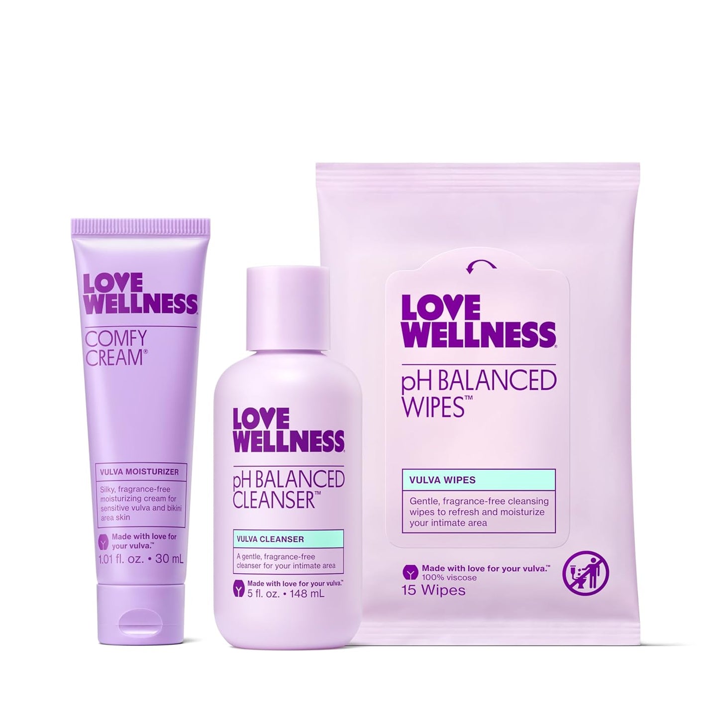 Love Wellness Skincare for Down There Bundle | Gentle pH Balancing Cleanser, Moisturizing Comfy Cream & Refreshing Wipes | Feminine Care for pH Balance, Dry & Sensitive Vulva | Fragrance-Free