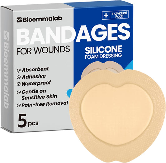 Large Waterproof Bandages 7X7 Silicone Foam Dressing for Sensitive Skin Wound Care, Adhesive Cohesive Pad with Border for First Aid, Post Surgical and Burn, Pressure, Scar Healing (5 PCS)