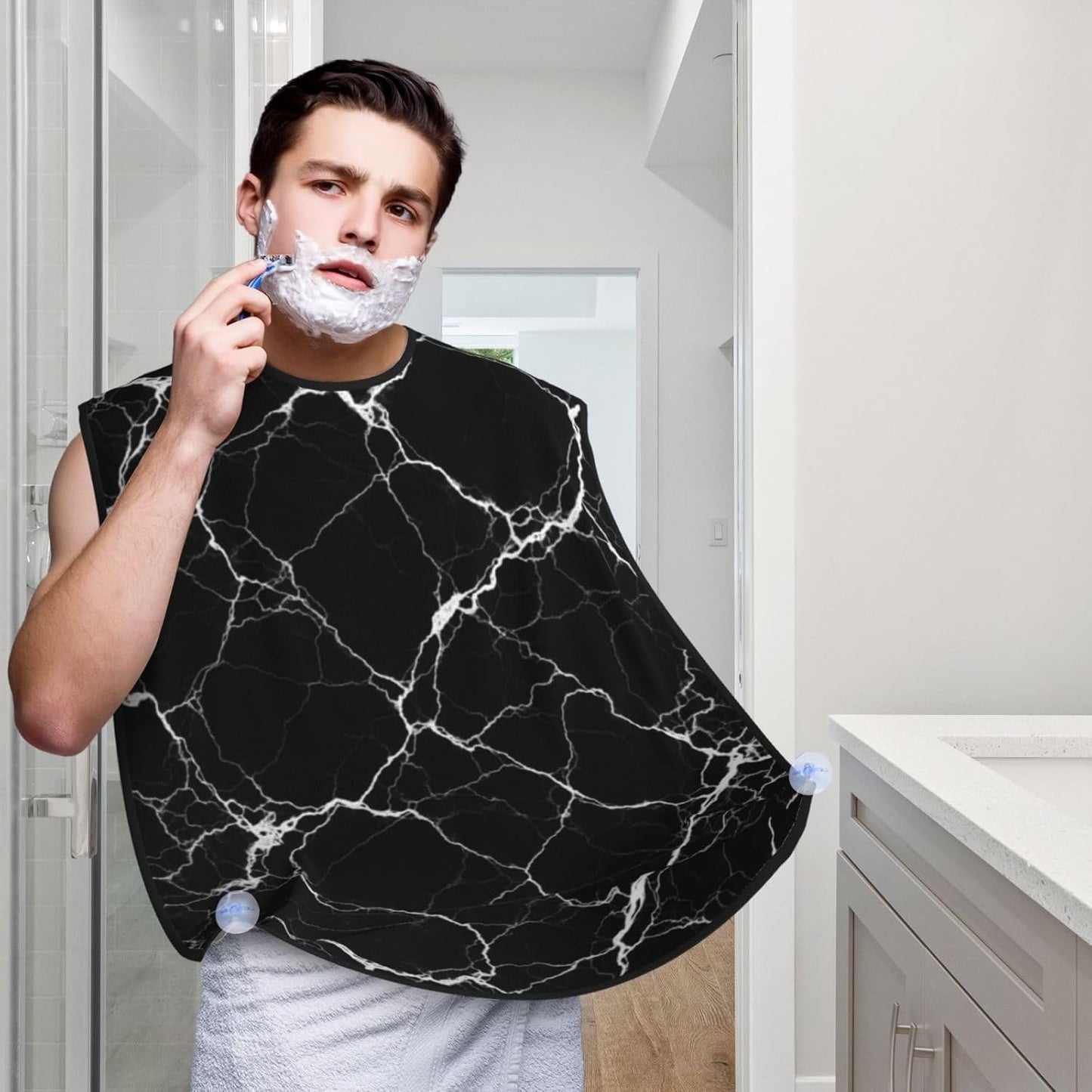 Beard Apron Hair Catcher, Black Marble Texture Shave Bib, Waterproof Non-Stick Shaving Bib, Trimming Grooming Tool for Dad Men Anniversary