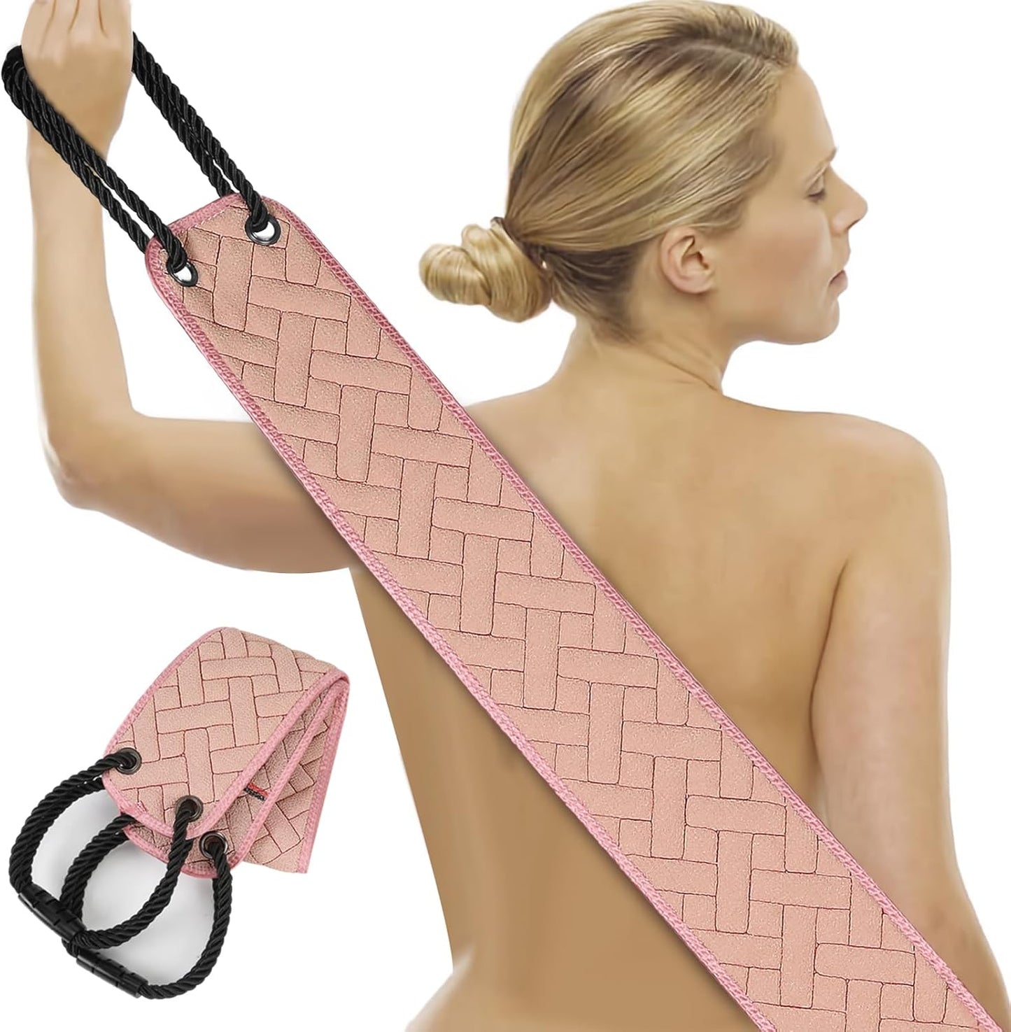 Exfoliating Back Scrubber with Upgraded Handles, 38.5 Inch Double-Sided Body Scrub Bath Exfoliator, Exfoliating Washcloth for Use in Shower, Back Washer to Deep Clean Your Skin for Men & Women (Pink)