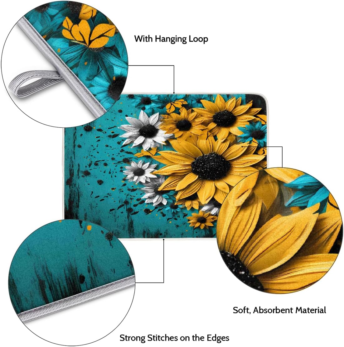 Dish Drying Mat Turquoise Wooden Sunflower Large Drying Mat for Kitchen Counter 18x24in Absorbent Dish Drainer Rack Pad, Heat Resistant Coffee Bar Mats Countertop Protector