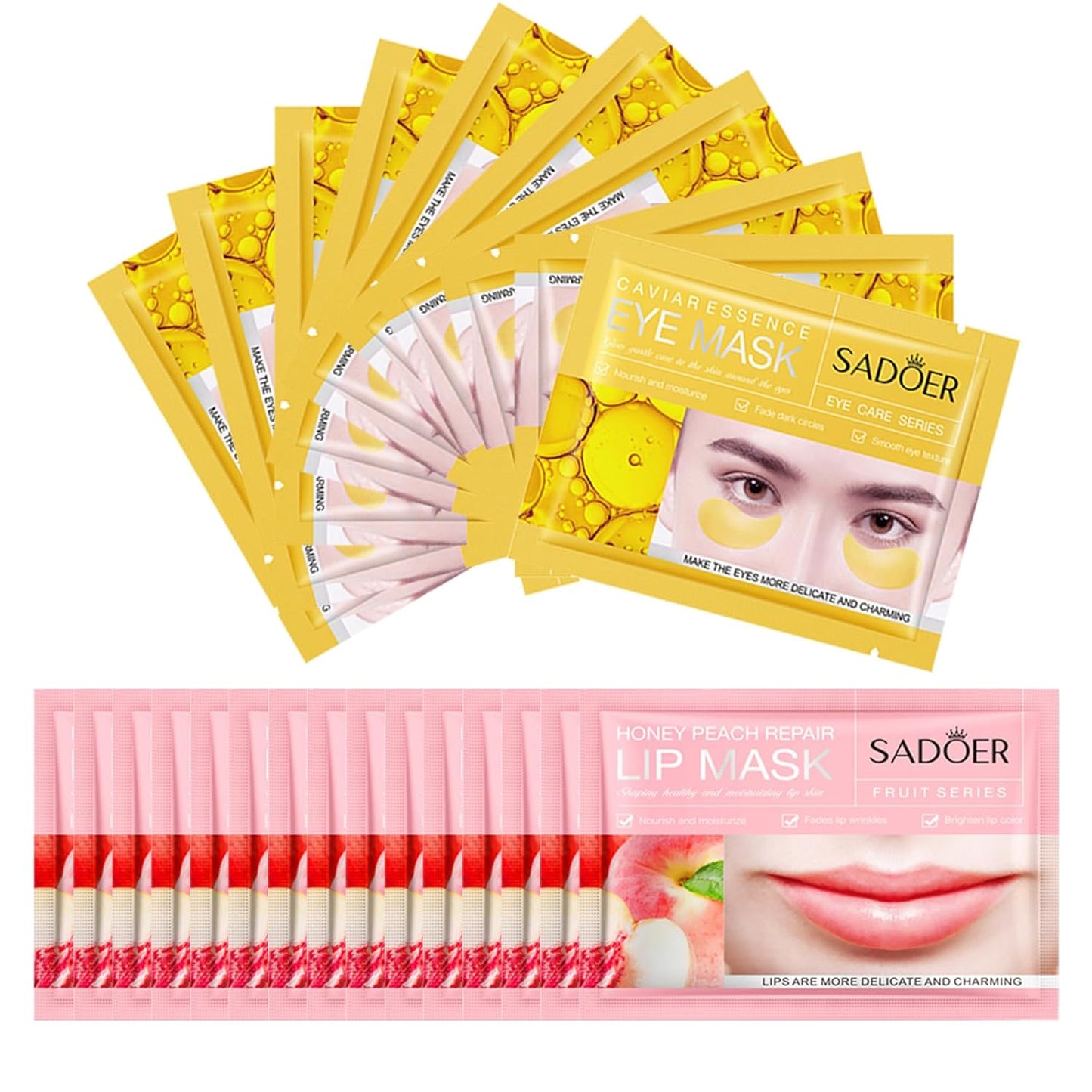 MEICOLY 30 Pads Eye and Lip Masks Sheet,Moisturizing Caviar Under Eye Mask,Hydrating Peach Lip Masks,Crystal Anti-Aging Eye Patches Dark Circle Remover with Box,15 Eye Mask+15 Lip Mask