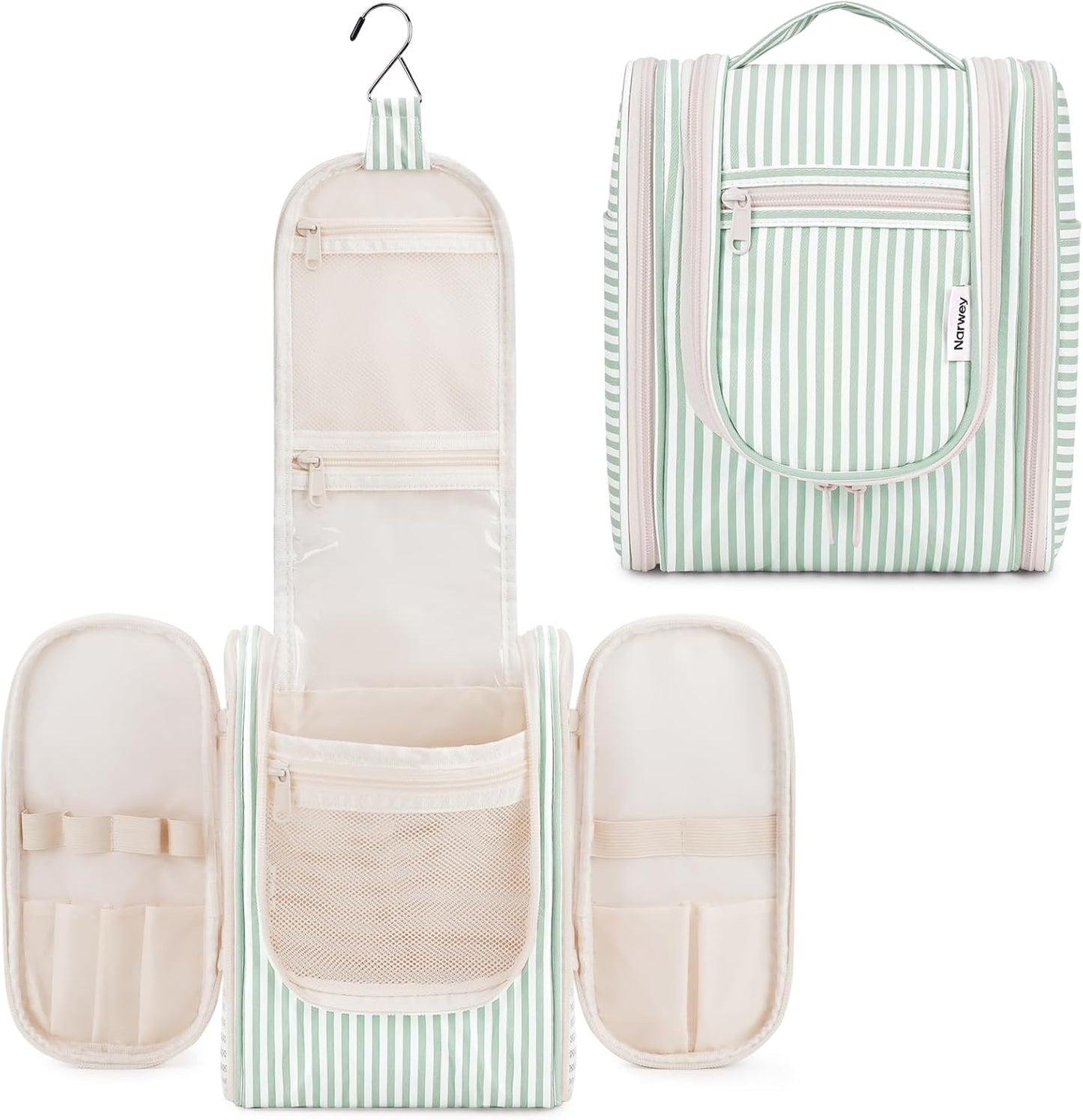 Narwey Small Striped Hanging Travel Toiletry Bag for Women, Travel Bag for Toiletries, Makeup Bag Organizer Cosmetic Bags Make Up Bags for Women (Mint Green Stripe)