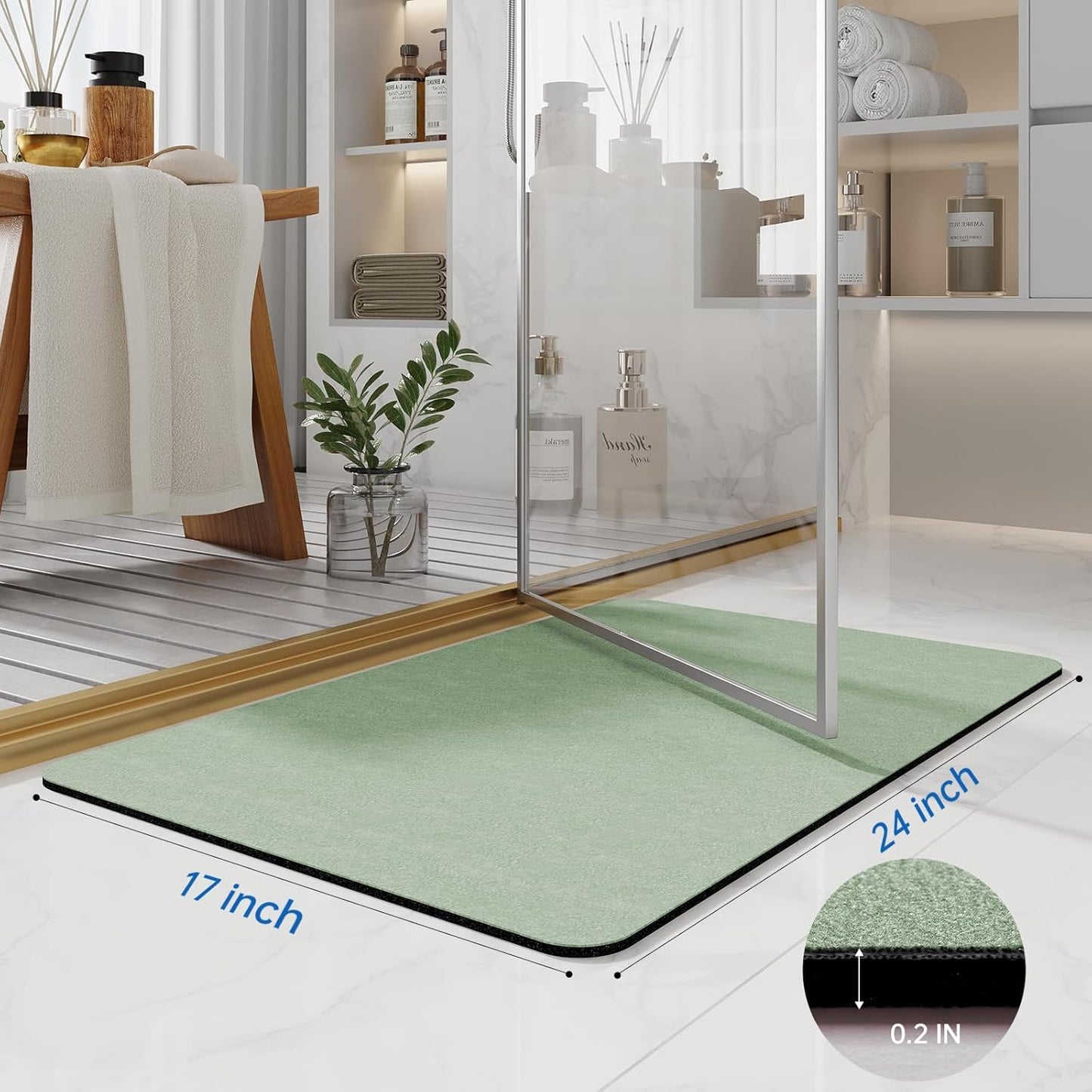 Bath Mat Rugs 24x17 - Diatomaceous Earth Bath Mat Quick Dry Absorbing Bathroom Rugs Rubber Non Slip Thin Bathroom Mat Fit Under Door, Bath Mat for Bathroom Floor, Tub and Shower, Sink, Sage Green