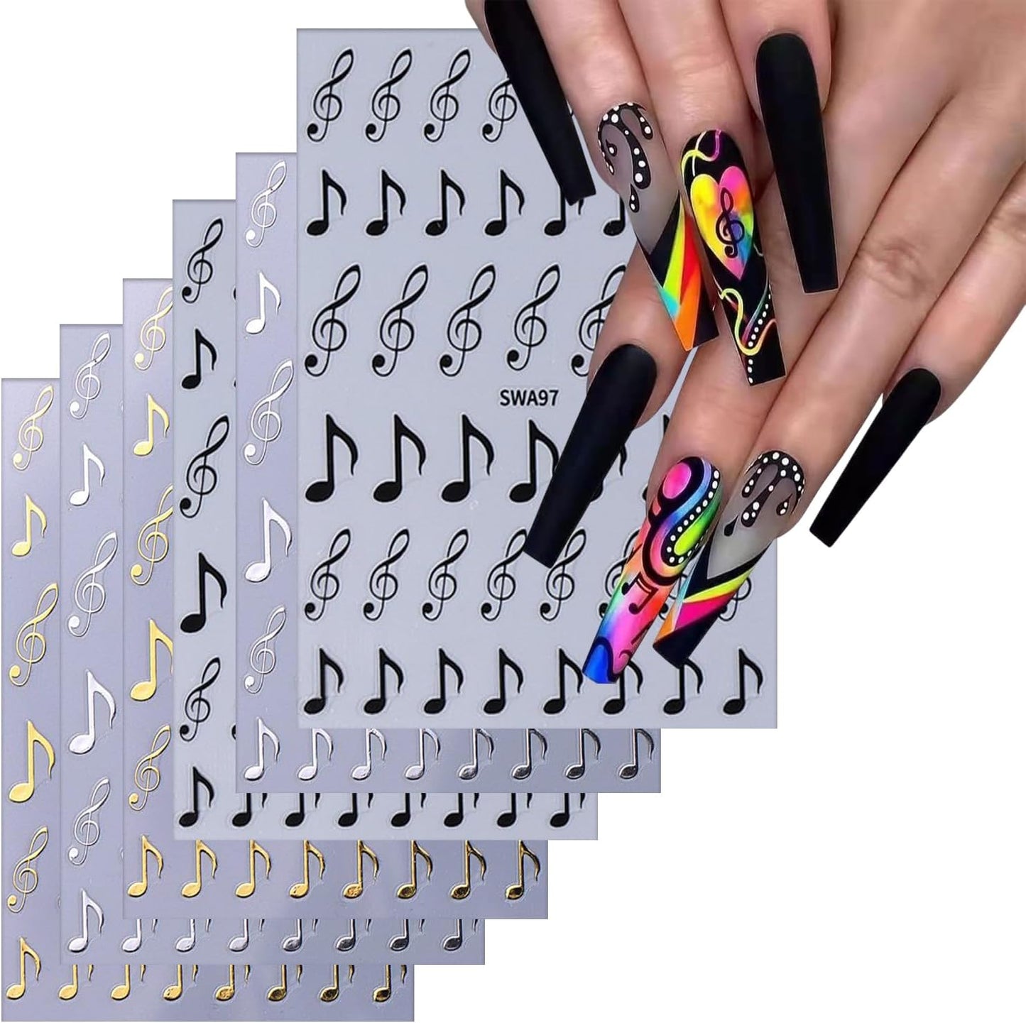 6 Sheets Musical Symbols Nail Art Stickers 3D Self-Adhesive Nails Sticker Music Notation Nails Art Decals Holographic Music Decal Decoration for Women Silver Black Manicure Stickers DIY Nail Supplies