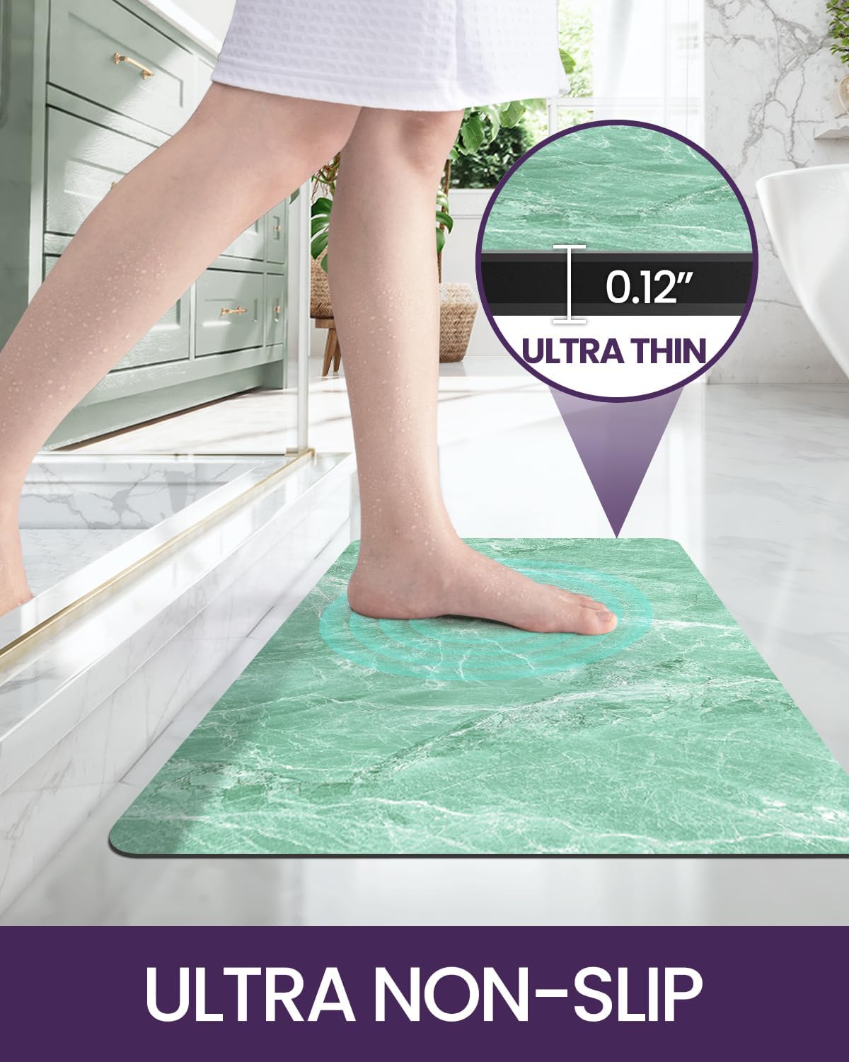 DEXI Bath Mat 17x32, Non Slip Quick Dry Rugs, Super Absorbent Ultra Thin Marble Bathmat, Washable Rubber Mats for Shower Floor, in Front of Bathtub, Sink, Bathroom Accessories Decor, Dark Green