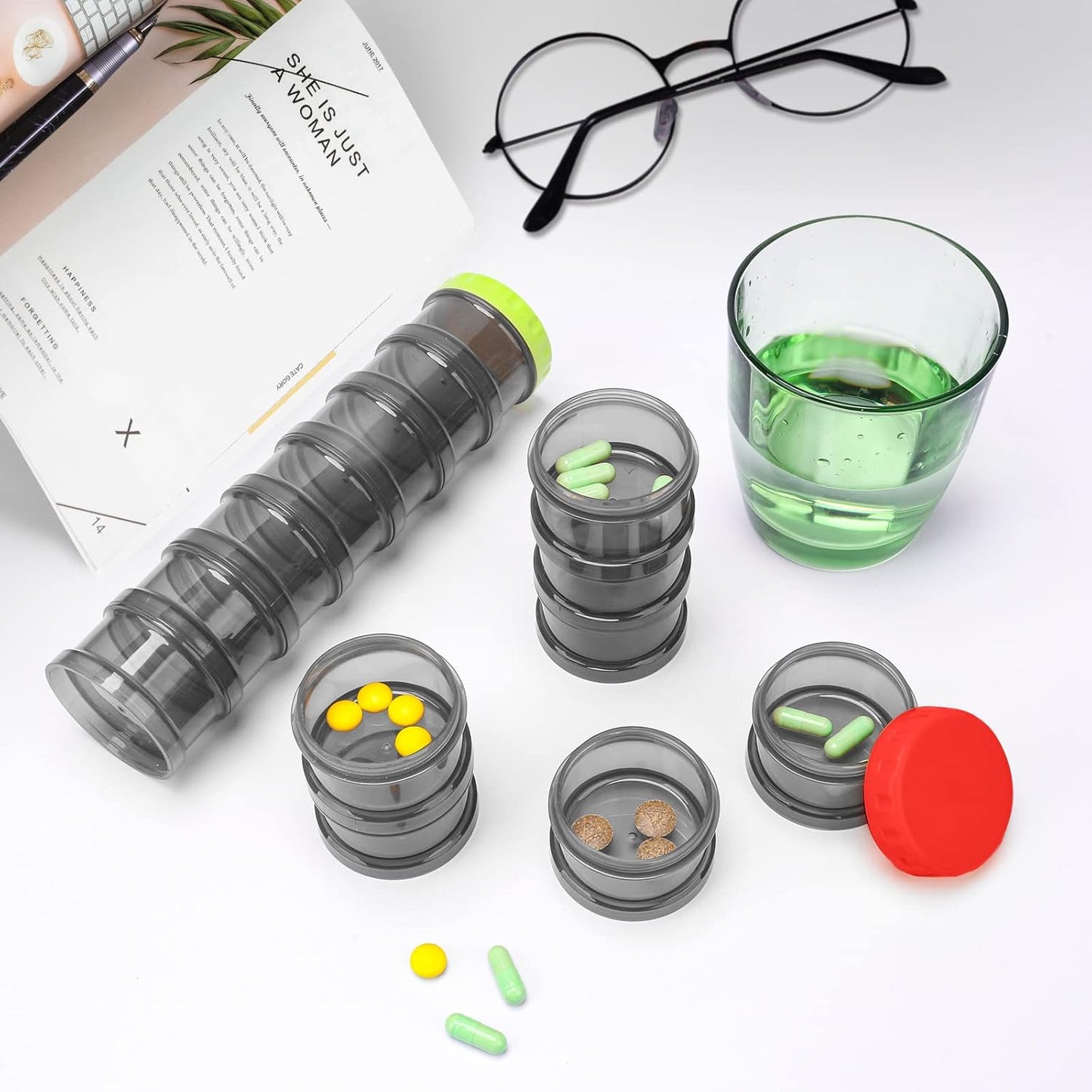 2 Pack 7 Day Pill Organizer Case Stackable Weekly Supplements Vitamins Pills Holder Dispenser Large Translucent Black with Extra Lid