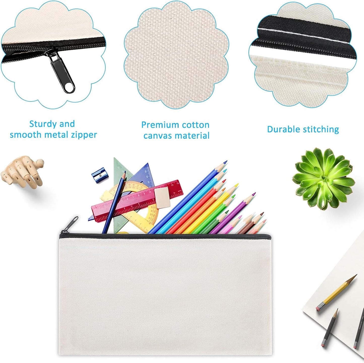 12 Pieces Cotton Canvas Makeup Bag, Multipurpose Cosmetic Bag with Zipper Travel Toiletry Pouch, Blank DIY Craft Bag (Grey, M)