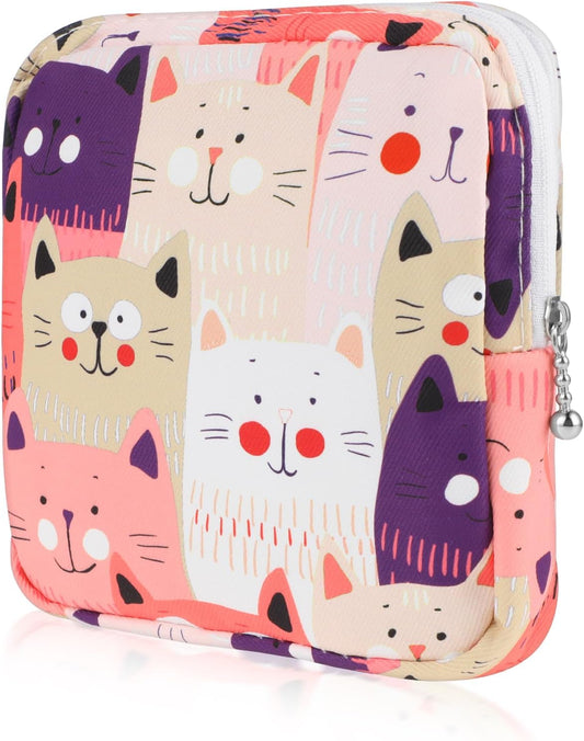 Sanitary Napkin Storage Bag, Portable Period Bags for Teen Girls, Tampon Disposal Bags Teen Pads Feminine Product Organizer, First Period Kit Pouch for Girls (Cat)