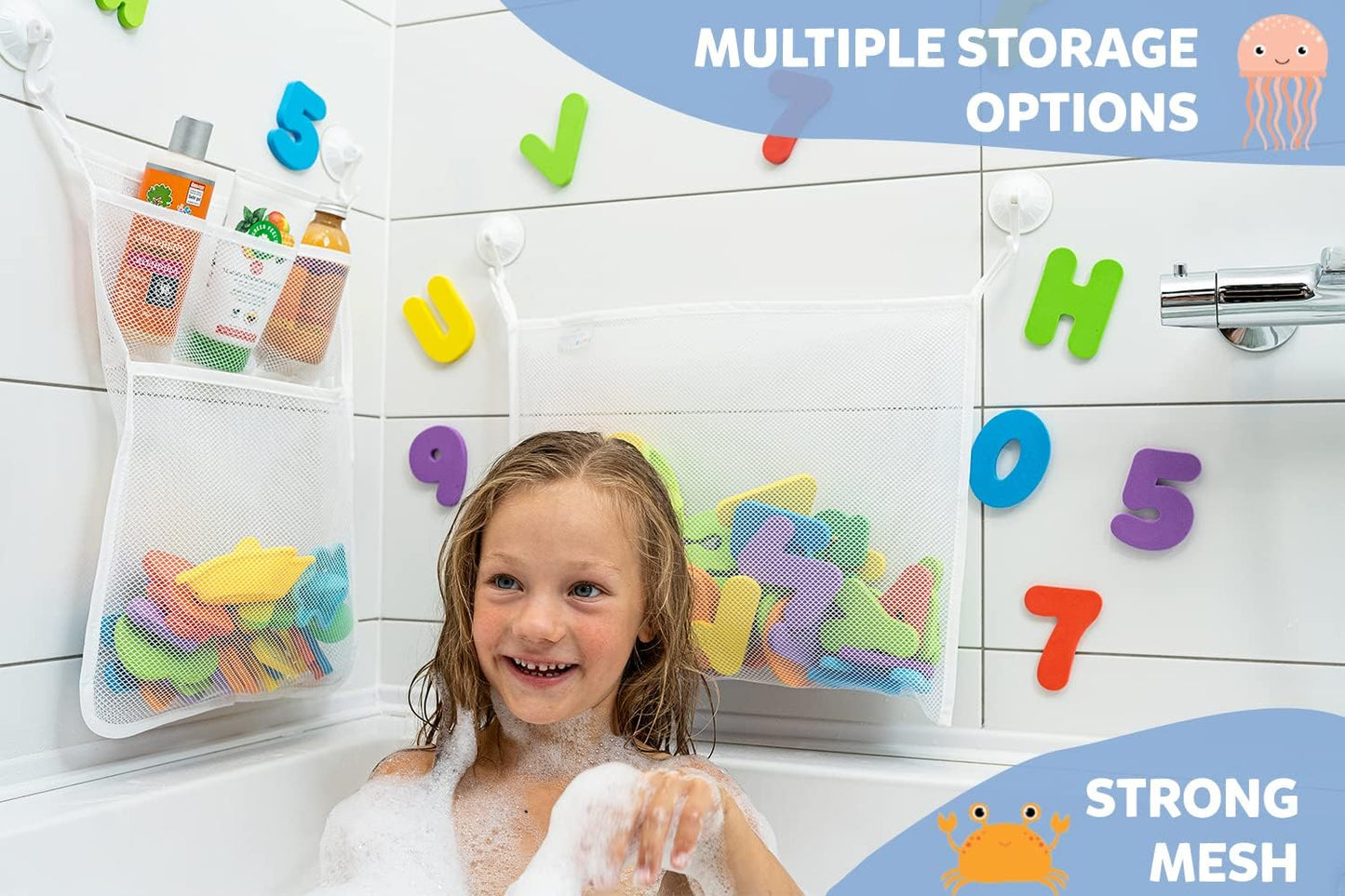 2 x Mesh Bath Toy Organizer + 8 Ultra Strong Hooks – The Perfect Bathtub Toy Holder & Bathroom or Shower Caddy – These Multi-use Net Bags Make Baby Bath Toy Storage Easy – For Kids & Toddlers