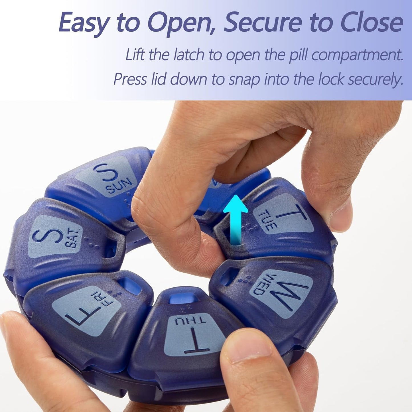 Round Weekly Pill Organizer, TPU Rubberized, Travel Pill Container 7 Day, with 7 Large Compartments, Great for Daily Vitamins & Supplements, Cute Pill Case with Large Letters and Braille (Grey)