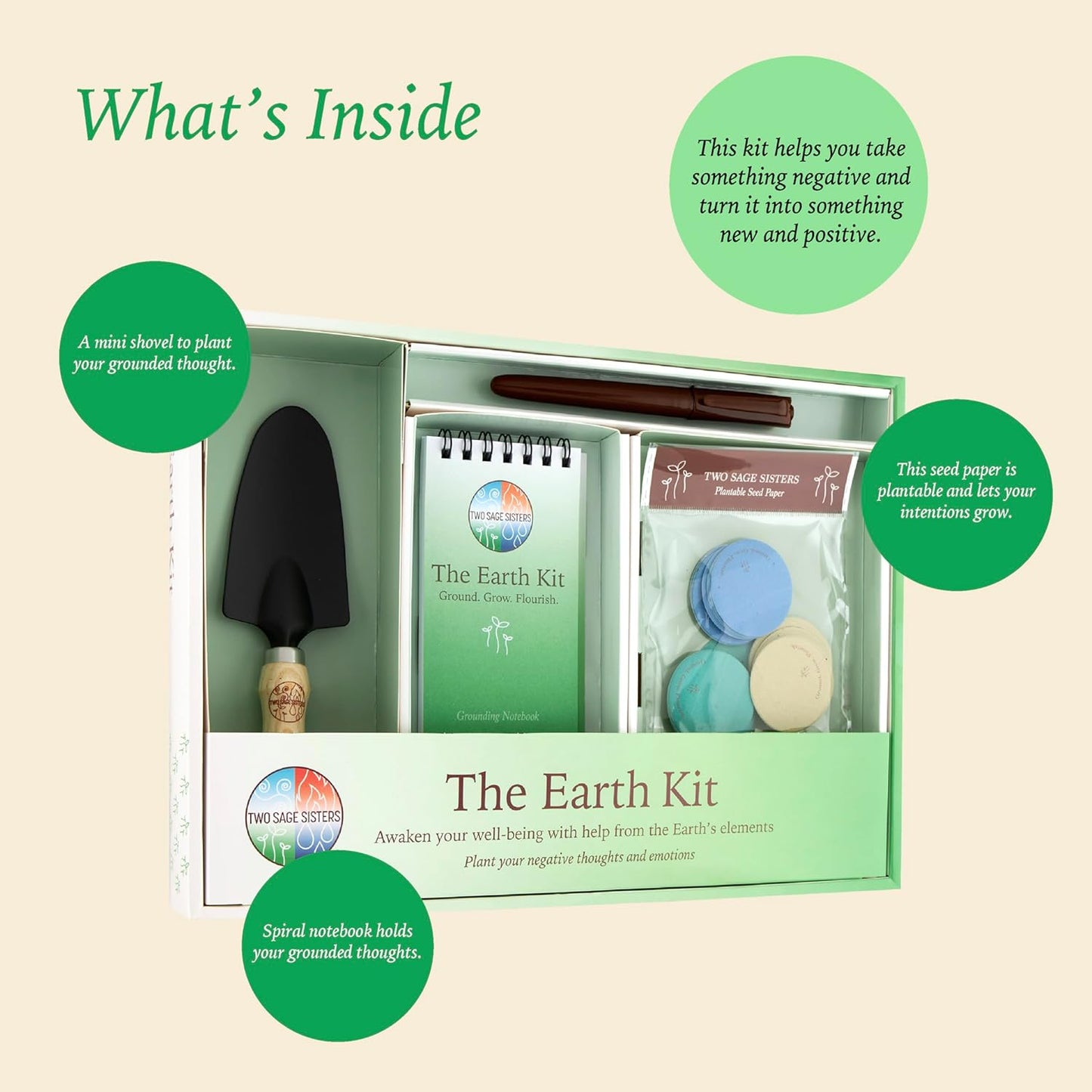 The Earth Kit by Two Sage Sisters - Self Care Kit with Seed Paper Disks, Notebook, Marker, and Shovel, Pamper and Self Care Gifts for Women and Men, Mens and Womens Care Package for Wellness
