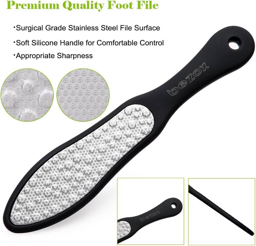 BEZOX Foot File (1 PCS), Double Sided Foot Scraper Callus Remover, Foot Rasp for Cracked Heel and Foot Corn Removal, Stainless Steel Pedicure File W/Cloth Storage Bag