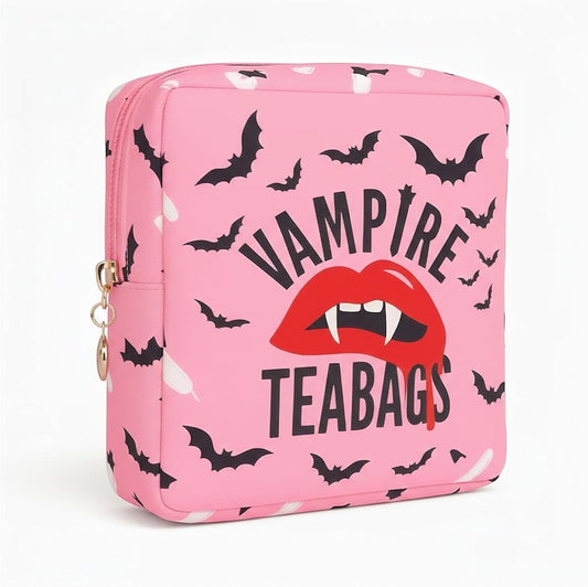 Primo Lines Period Bag for School – Compact Discreet Tampons & Pad Pouch with Waterproof Lining, Cute & Stylish Period Pouches for Teen Girls for School and Travel, First Period Kit (Vampire Teabags)