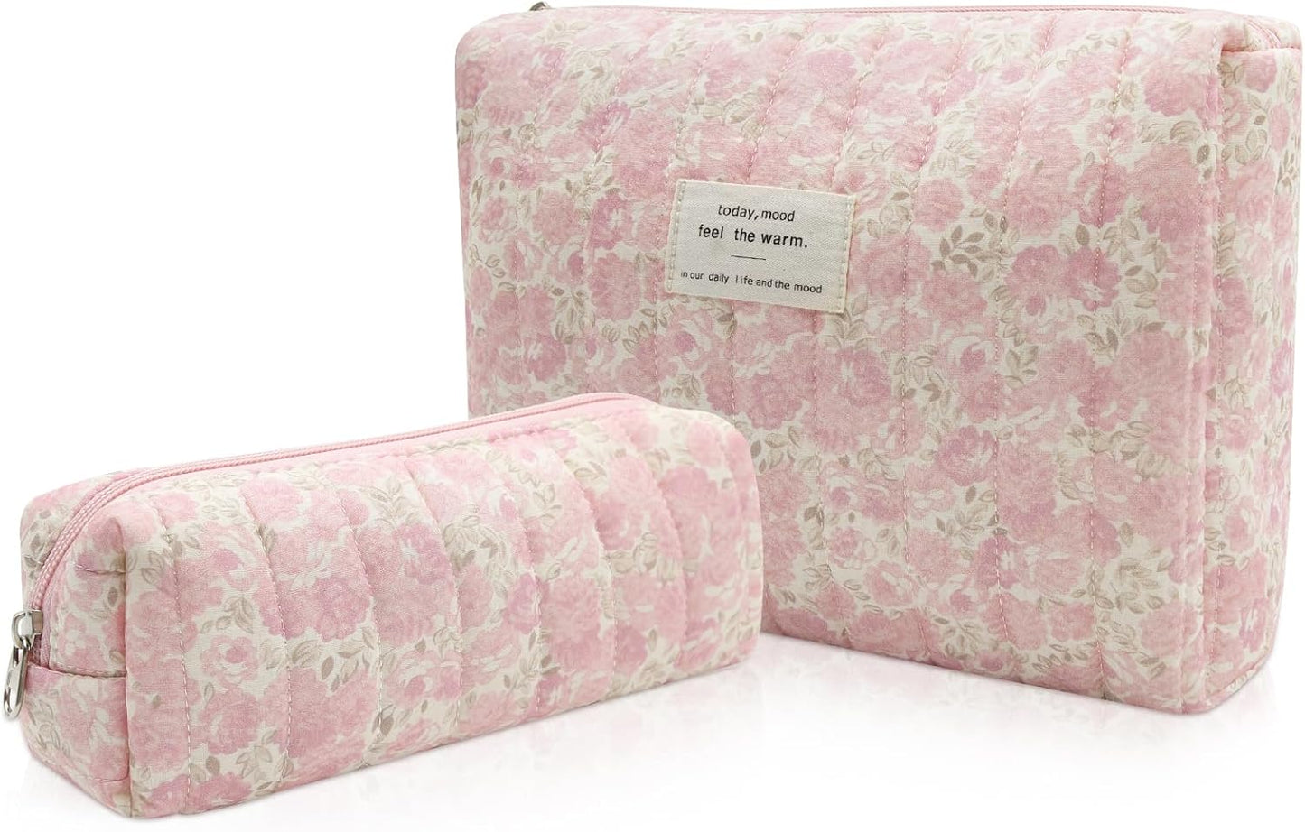 2PC Makeup Bag Set, Cute Cosmetic Bag for Women Girls, Floral Coquette Aesthetic Toiletry Bag, Travel Make Up Organizer Bag (Pink Rose)