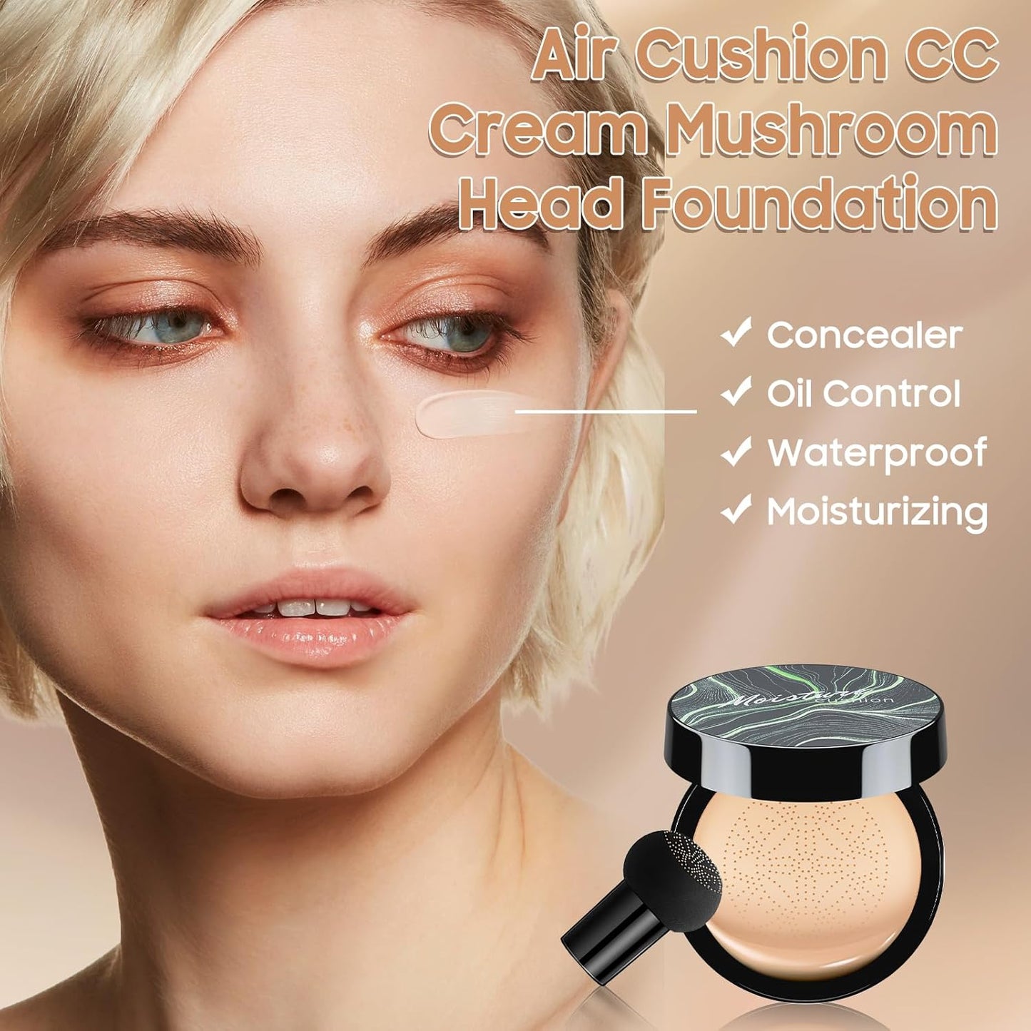 Mushroom Head Air Cushion CC Cream - Moisturizing BB Creams Foundation, Long-Lasting Waterproof New Air Cushion CC Cream Concealer for Even Skin Tone (Nude, 1 PCS)
