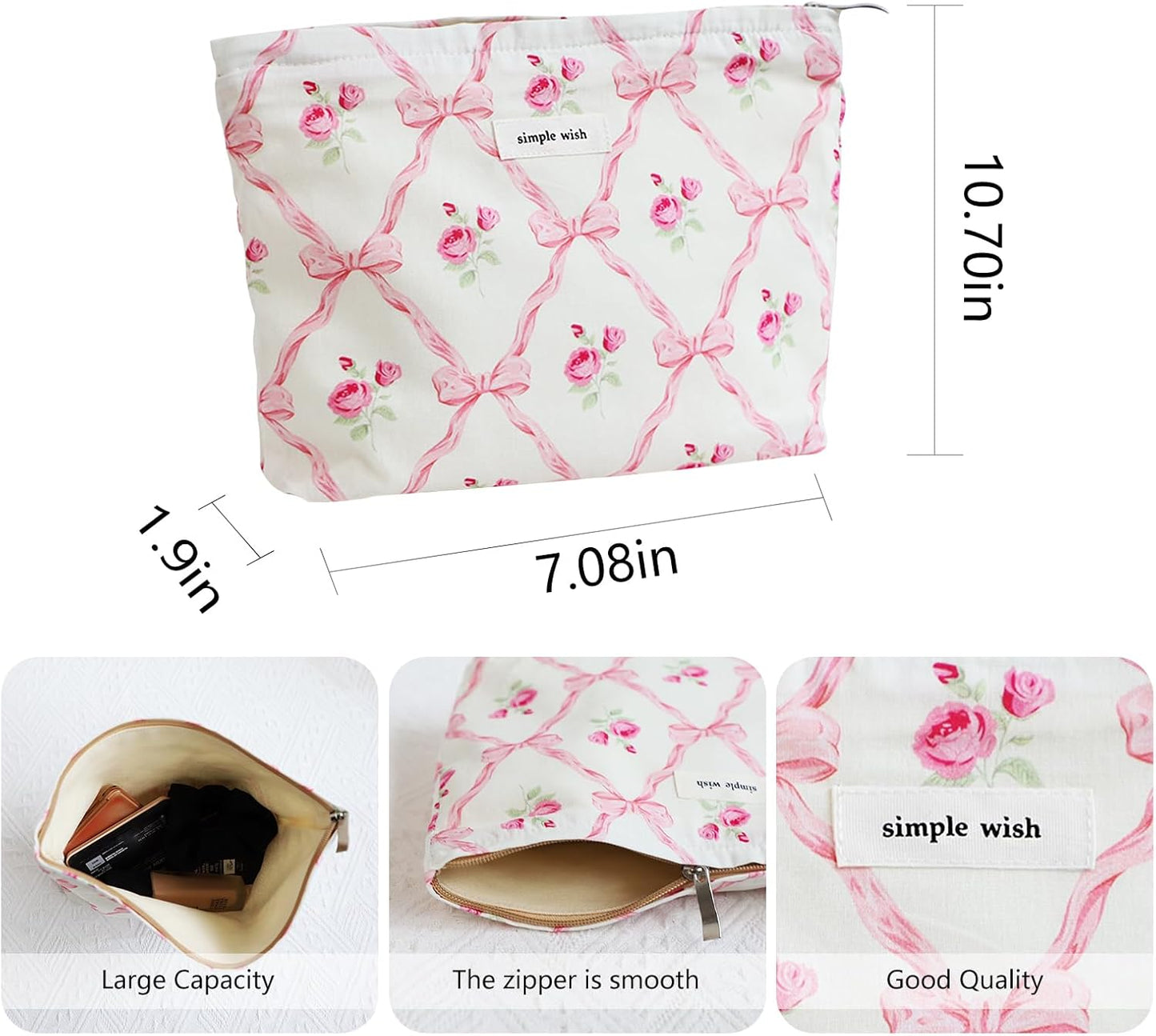 Wudygirl Makeup Bag Cosmetic Bag for Women Pink Pow Makeup Pouch Cute Make up Organizer Portable Handbag Toiletry Bag Large Capacity Zipper Pouch (Pink Pow)