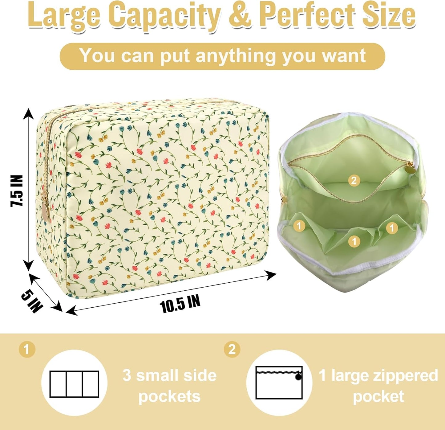 Nylon Large Floral Makeup Organizer Bag, Preppy Big Cute Flower Cosmetic Zipper Pouch Multi-compartment with Dividers, Waterproof Toiletry Make Up Bag Travel Essentials for Women(Light Yellow-Flower)