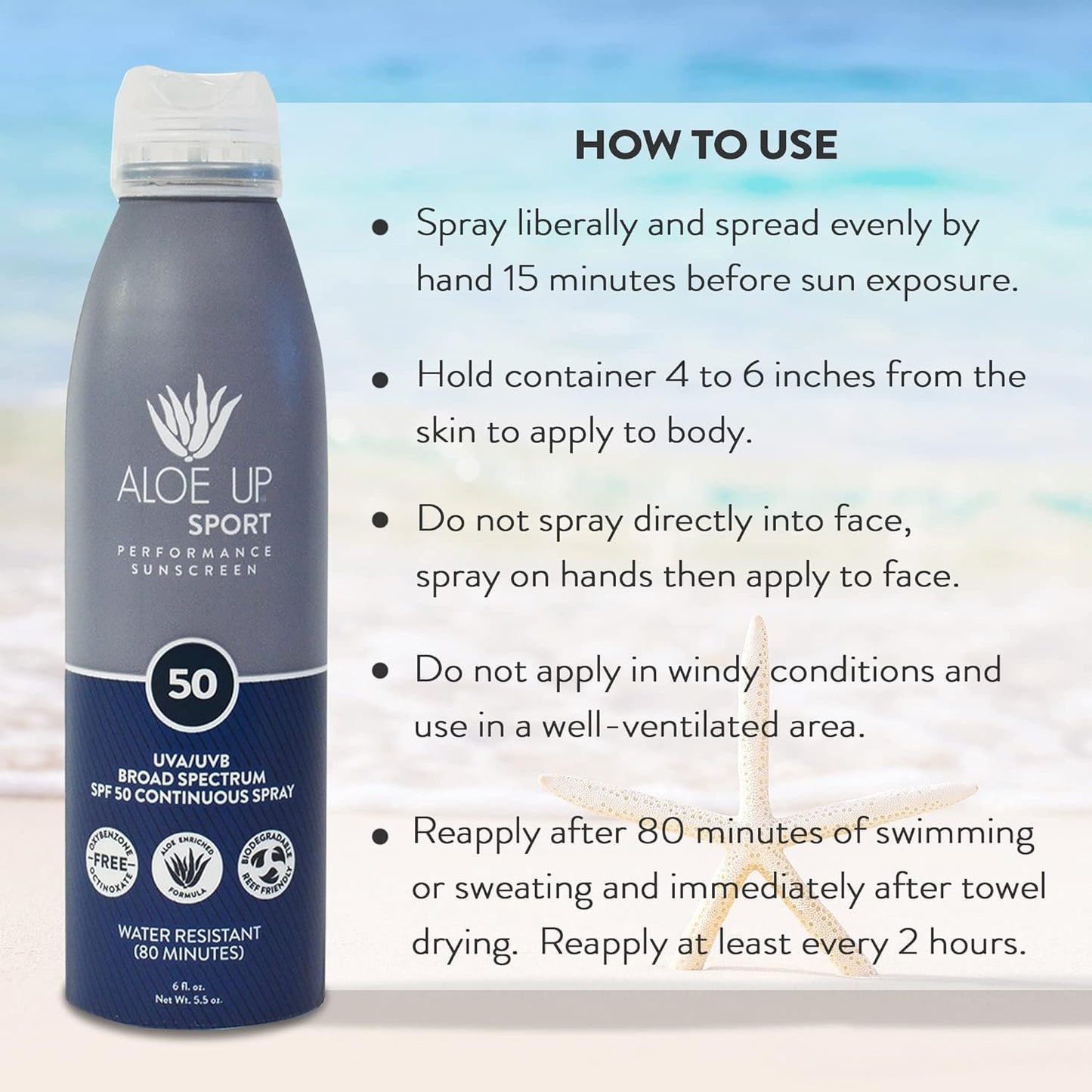 Aloe Up Sport Continuous Spray Sunscreen SPF 50- Broad Spectrum UVA/UVB Sunscreen Protector for Face and Body With Aloe Vera Gel Fast Absorbing Sheer Formula Reef Safe Fragrance-Free - 6 Oz 2 pack