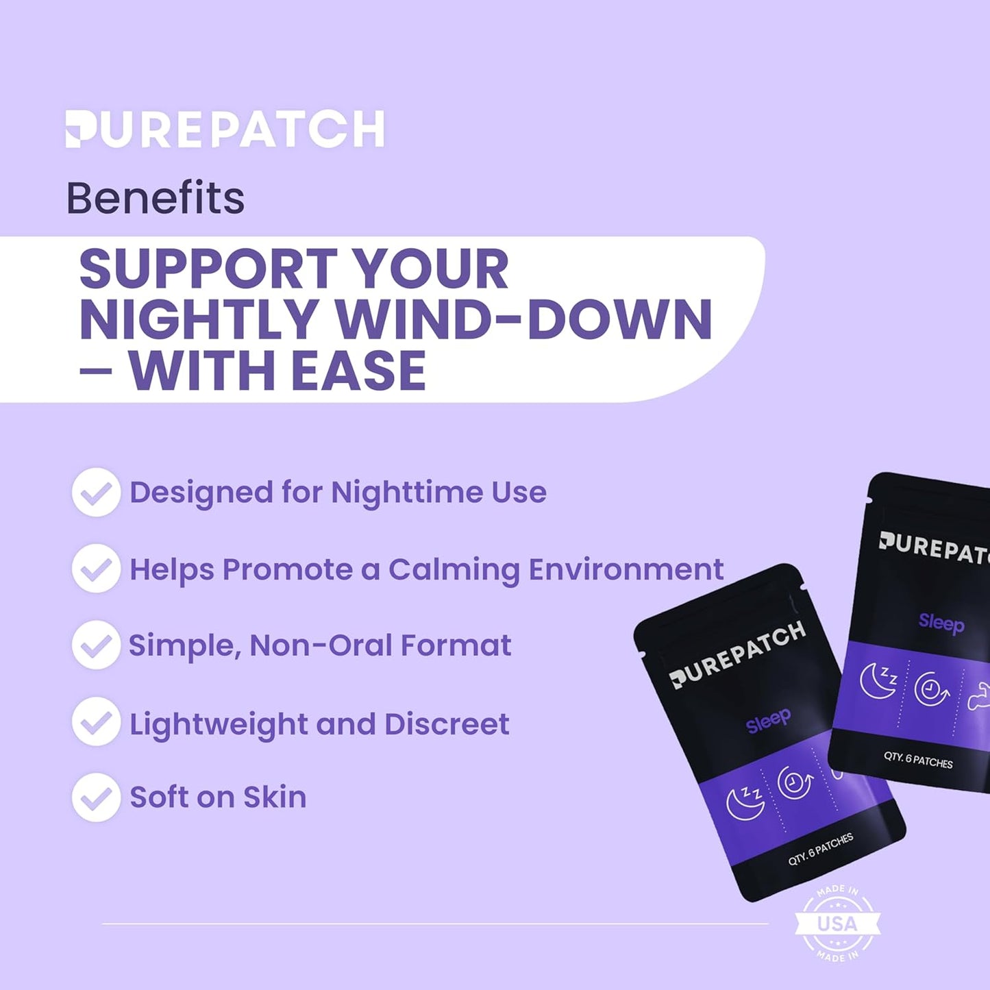 Pure Patch Sleep Patch – Plant-Based Vegan Topical Patch – Magnesium Glycinate – GABA – L-Theanine – Apigenin – Non-Ingestible – Water-Resistant – Gentle on Skin – Gluten Free – Made in USA –6 Patches