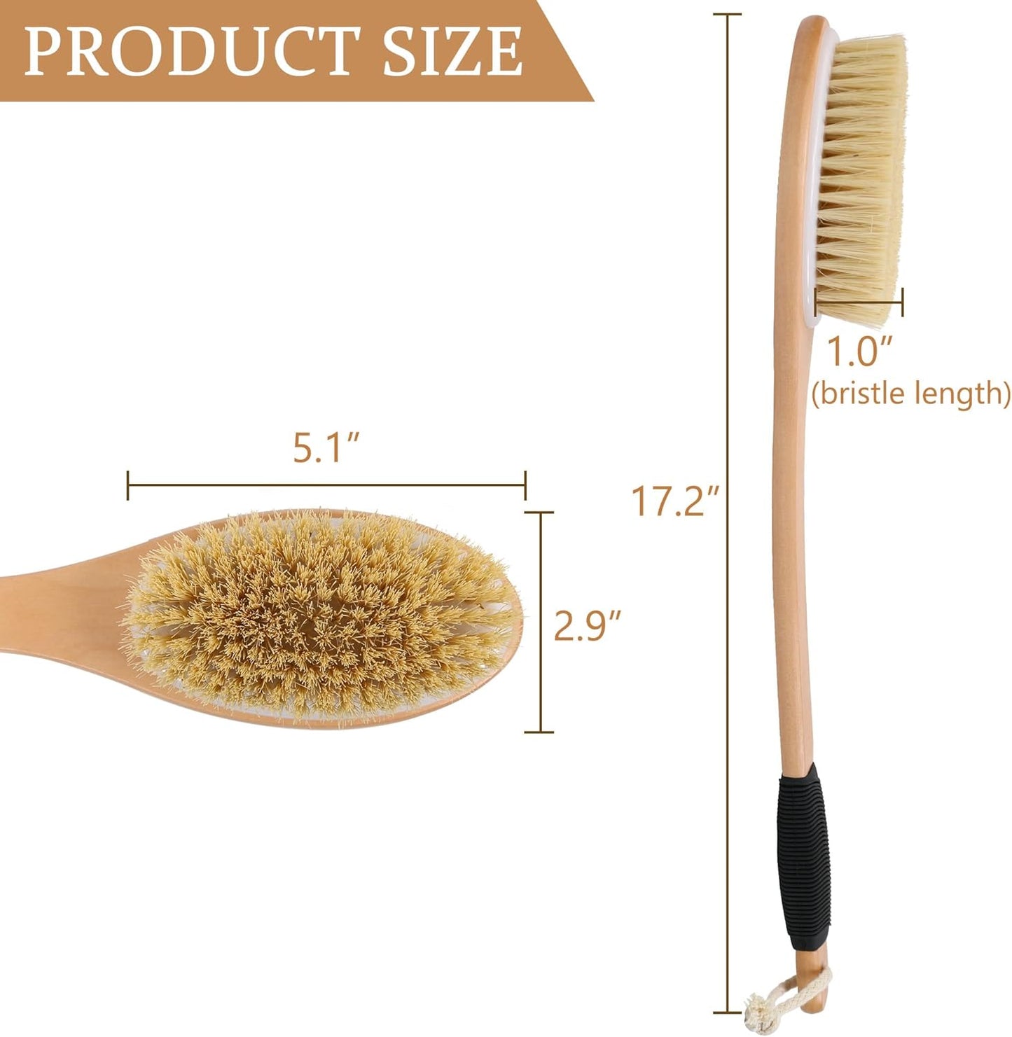 OWIIZI Back Scrubber Brush for Shower, Long Stiff Bristle Body Bath Brushes, Wooden Curved Long Handle Skin Exfoliator for Men Women Wet or Dry Use