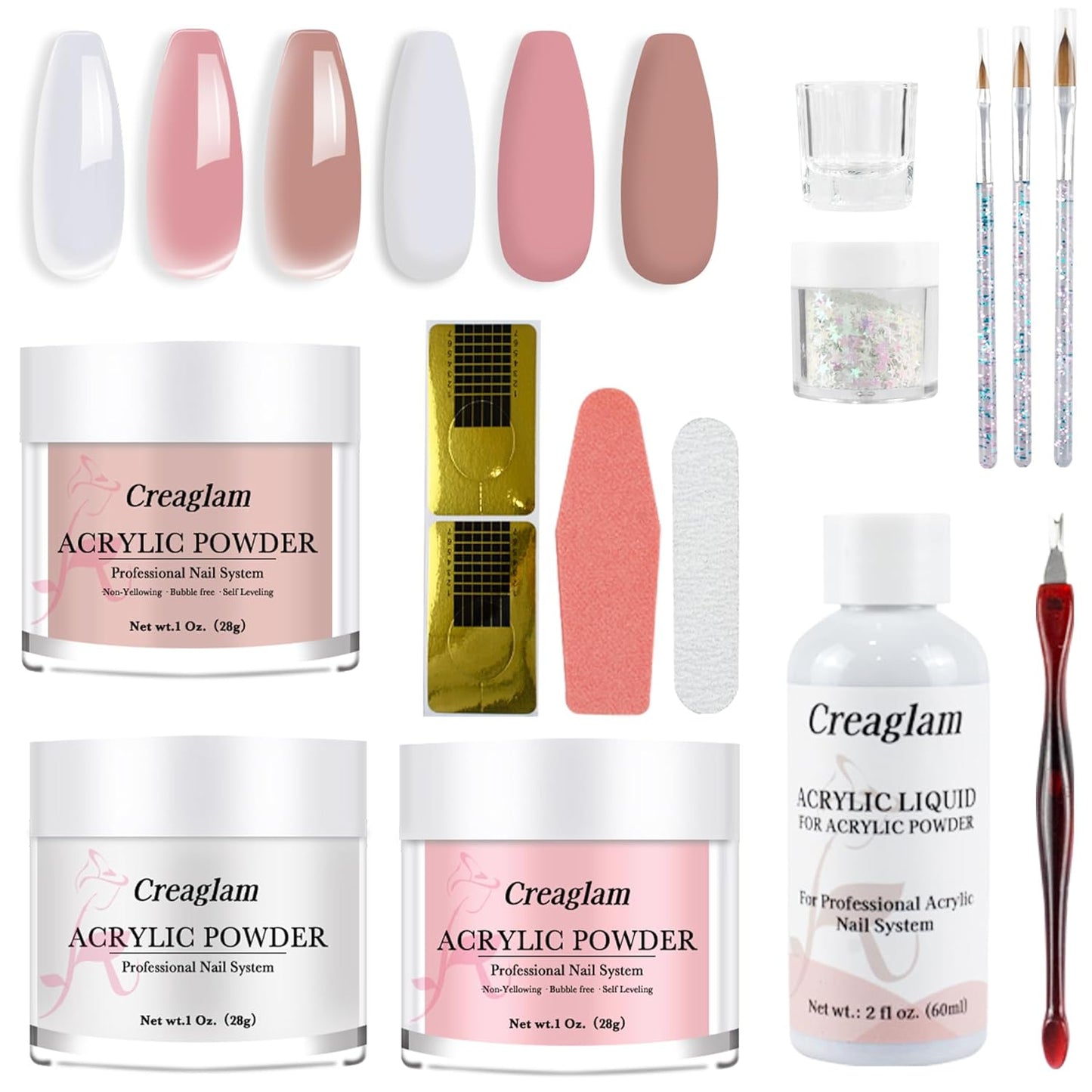 Acrylic Powder Nail Kit: 3 Colors 1Oz Pink Clear Acrylic Powder Set - 28g Large Capacity Dark Pink Nails Gel Glue Polish with 60ml Liquid for Beginners Home DIY with Brush Forms and Tools