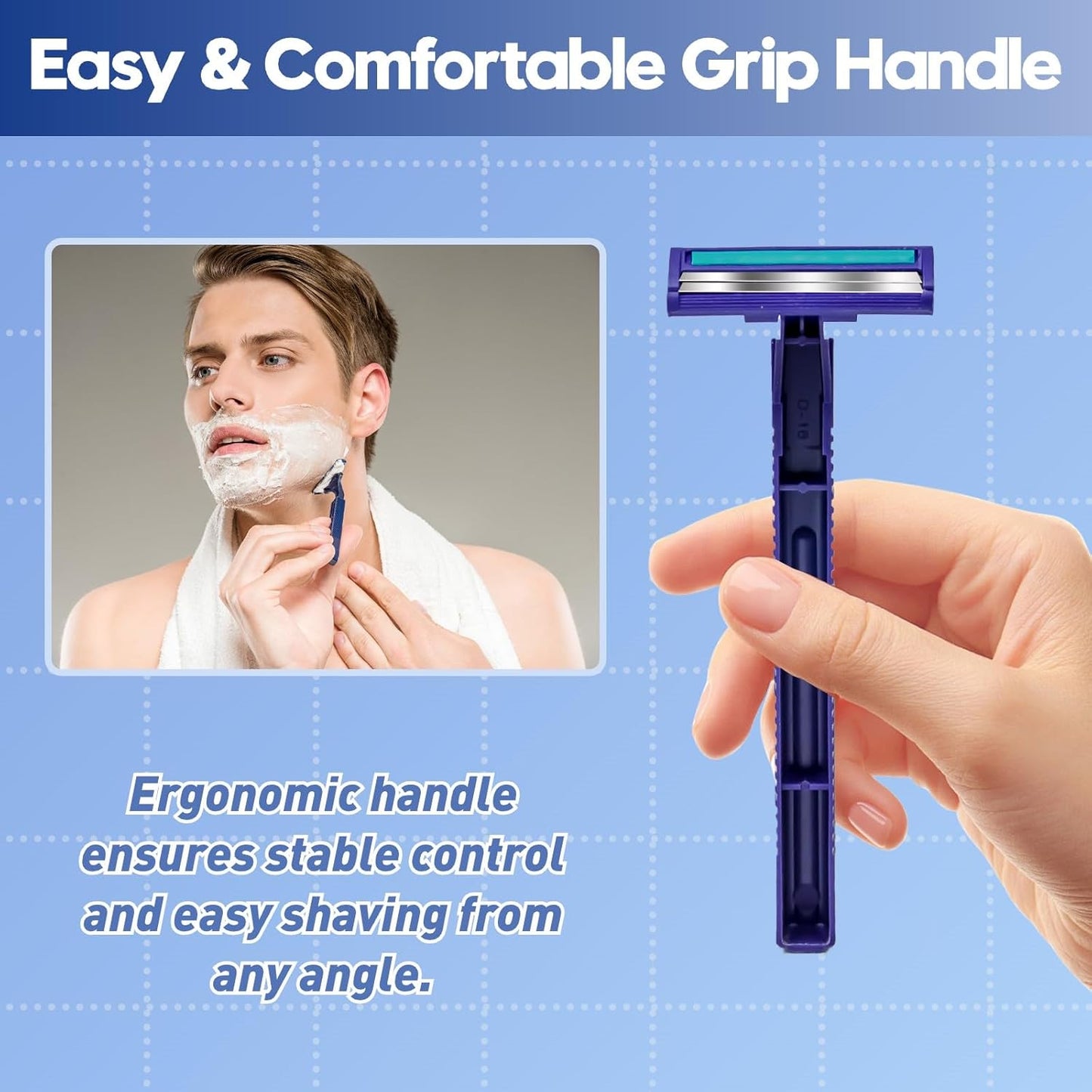 Twin Blade Disposable Razors for Men & Women – 60 Pack Bulk Stainless Steel Shavers with Lubricating Strip & Safety Cap, Non-Slip Handle for Sensitive Skin, Travel, Hotel, Charity (Blue)