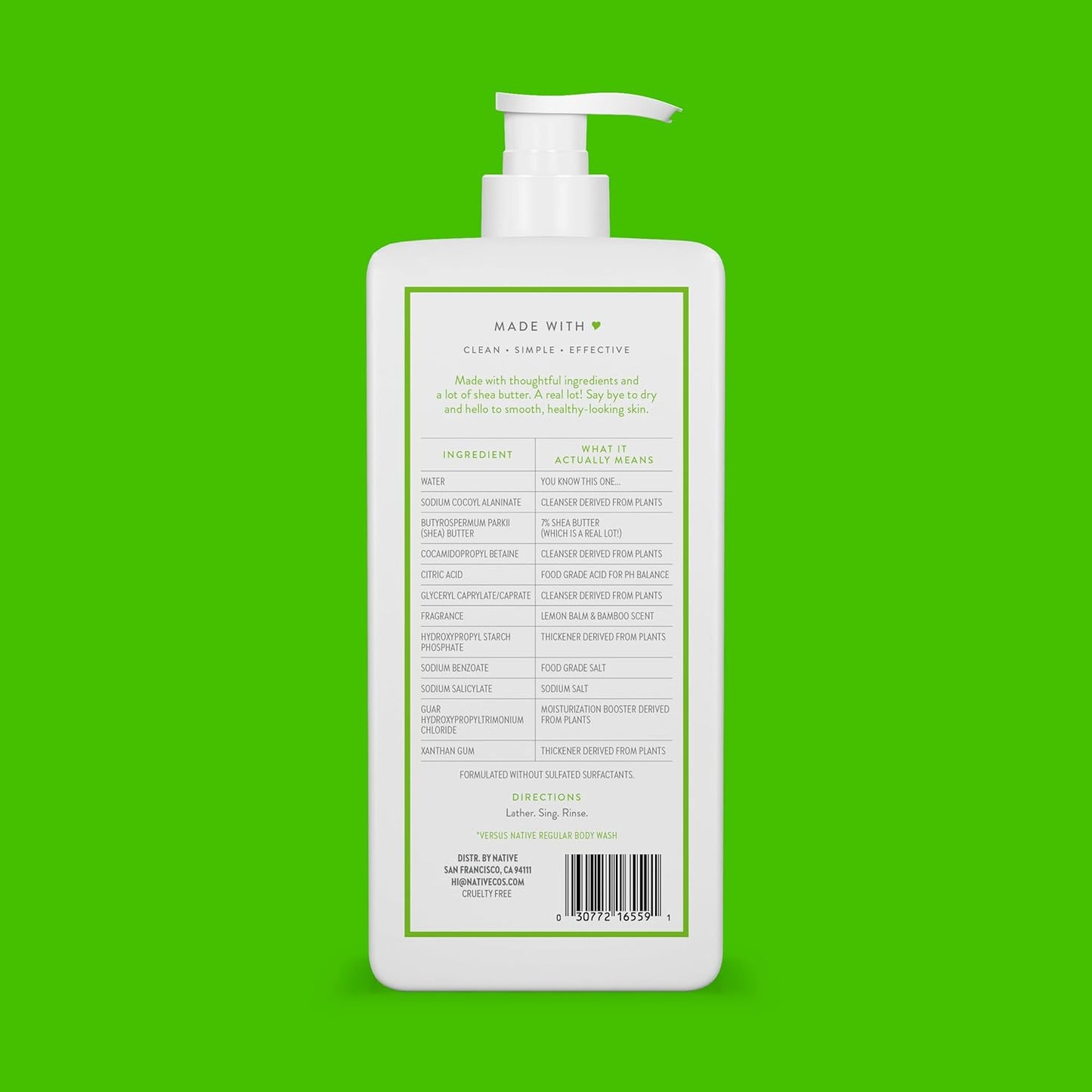 Native Moisturizing Body Wash Contains Naturally Derived Ingredients | For Women & Men, Sulfate, Paraben, & Dye Free Leaving Skin Soft and Hydrated | Lemon Balm & Bamboo 18 oz