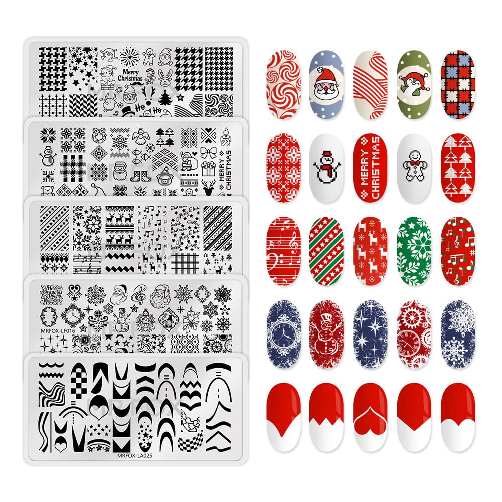 Christmas Nail Stamping Plate Set Winter Snowflake Xmas Snowman Christmas Tree Santa Claus, 5Pcs Nail Art Stamp Kit Templates