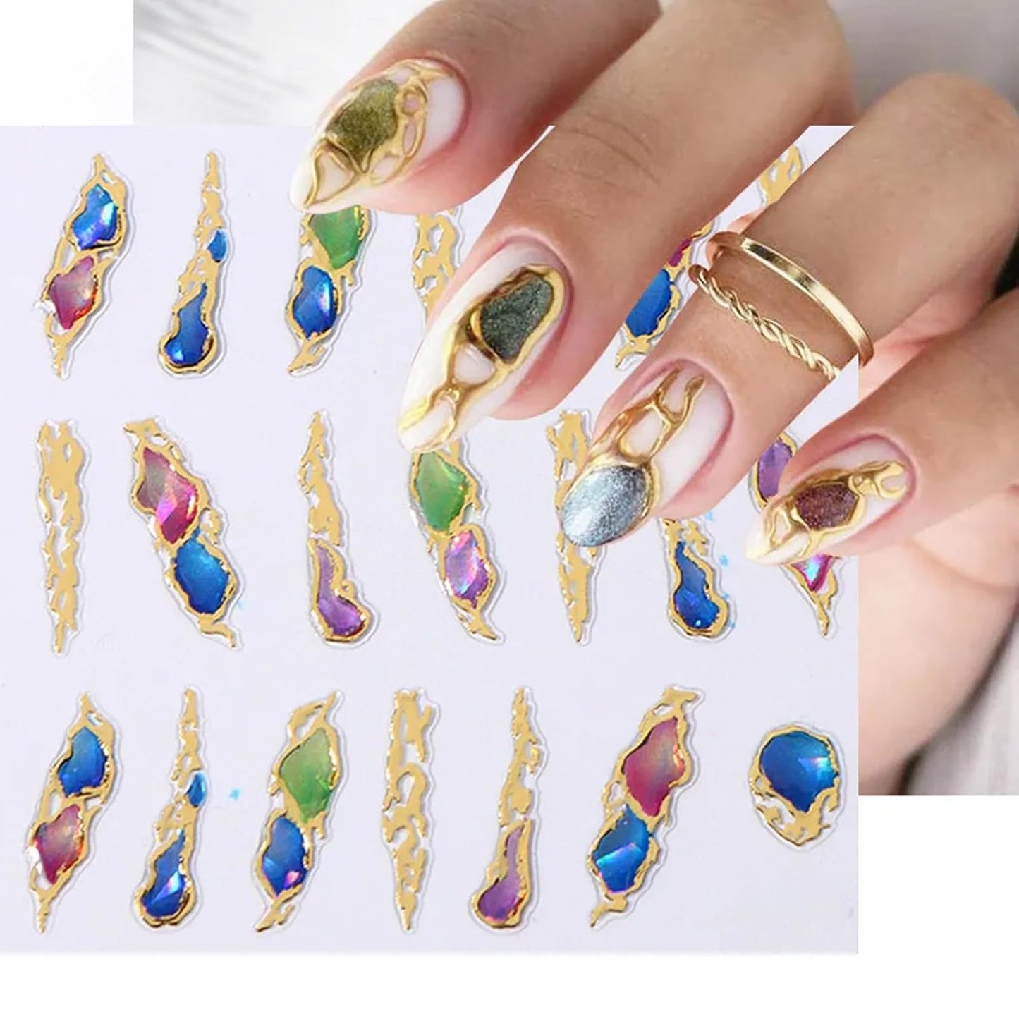 SILPECWEE 6 Sheets 5D Gold Embossed Nail Art Stickers Gem Crystal Irregular Geometric Frames Nail Stickers Designs Hollow Nail Decals Self Adhesive DIY Acrylic Nails Accessories