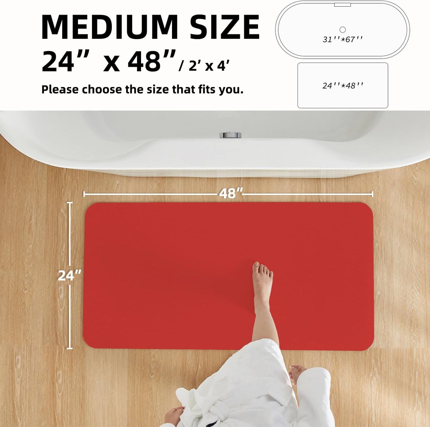 Christmas Bath Mat, Red Bathroom Rugs Non Slip Washable Thin Absorbent Bath Mat Fits Under Door Bathroom Floor Mat Perfect for Bath, Shower, or Sink 24"x48" Red