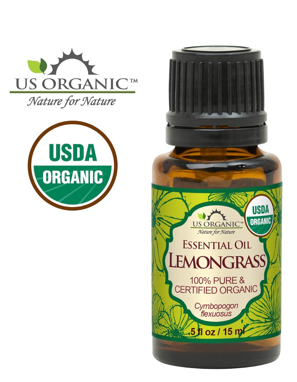 US Organic 100% Pure Lemongrass Essential Oil, USDA Certified Organic, Extracted by Steam Distillation Method, for Hair, Nail Polish Remover, Bees Attraction, and More. 15 ml