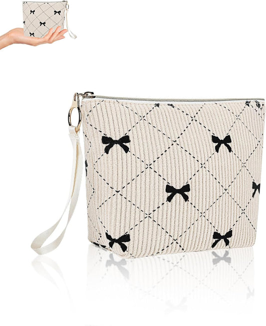 Bow Period Bag for Teen Girls, Corduroy Cute Sanitary Napkin Storage Bag with Wristlet, Menstrual Pad Pouch Tampon Holder for Backpack (Beige)