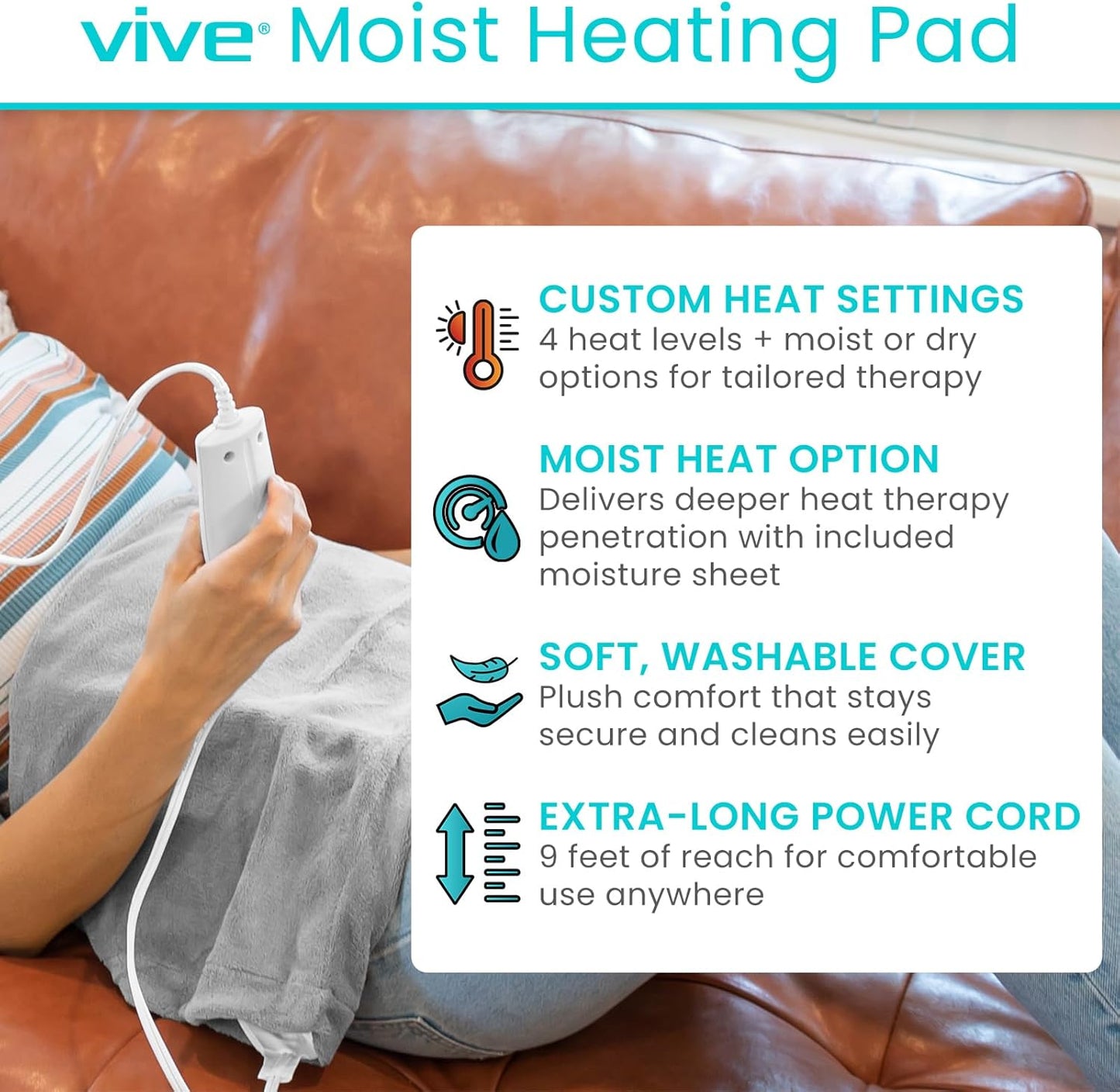 Vive Moist Heating Pad - Electric Heated Warming Hot Wrap for Heat Therapy on Back, Knee, Shoulder, Neck Pain, Period Menstrual Cramps, Cats, Dogs, Pets - Portable, Auto Shut Off (12" x 15")
