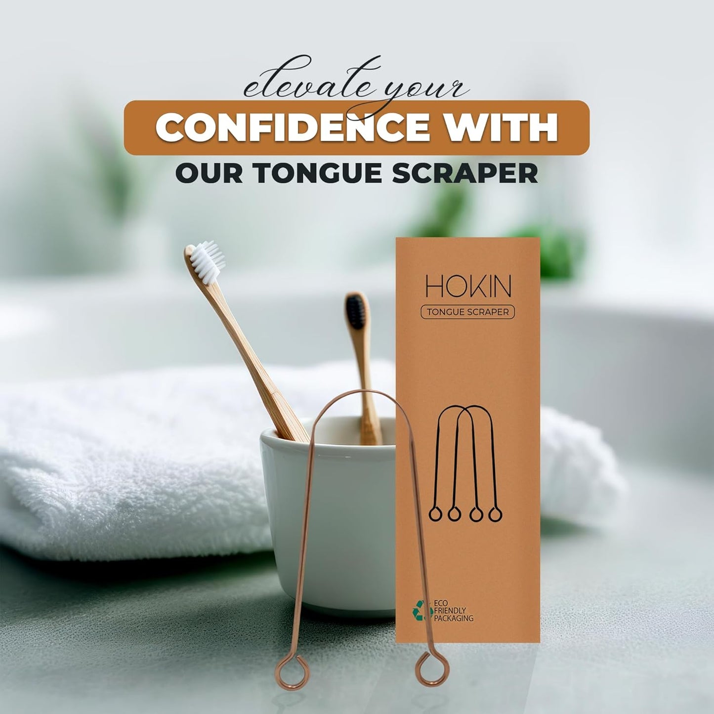 HOKIN Tongue Scraper for Adults with Travel Case (1Pcs Oral Care Pack) - 100% Copper U Shaped Tongue Cleaner, Tough Scraper for Men & Women Oral Hygiene
