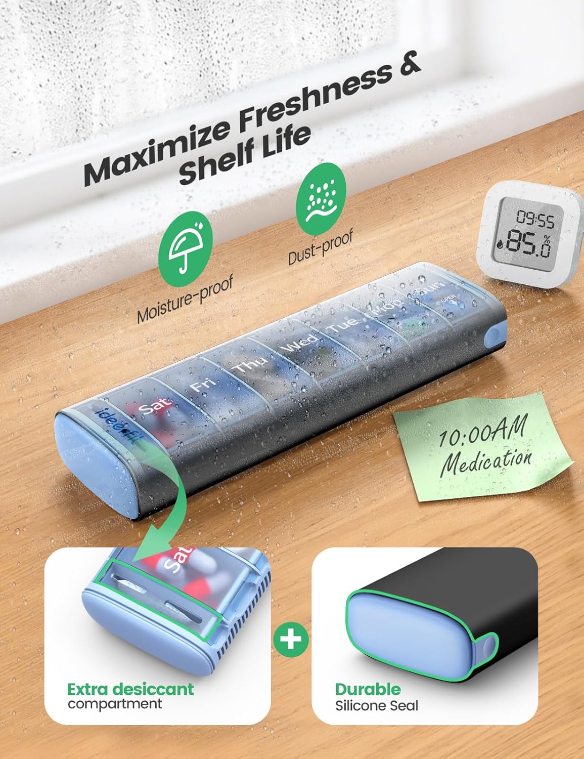 Weekly Travel Pill Organizer,Ideerfit Small Pill Box 7 Day,Portable Pill case,Daily Medicine Box,Drawer Design Pill Container for Medication, Vitamins, Fish Oils, Supplements,Black