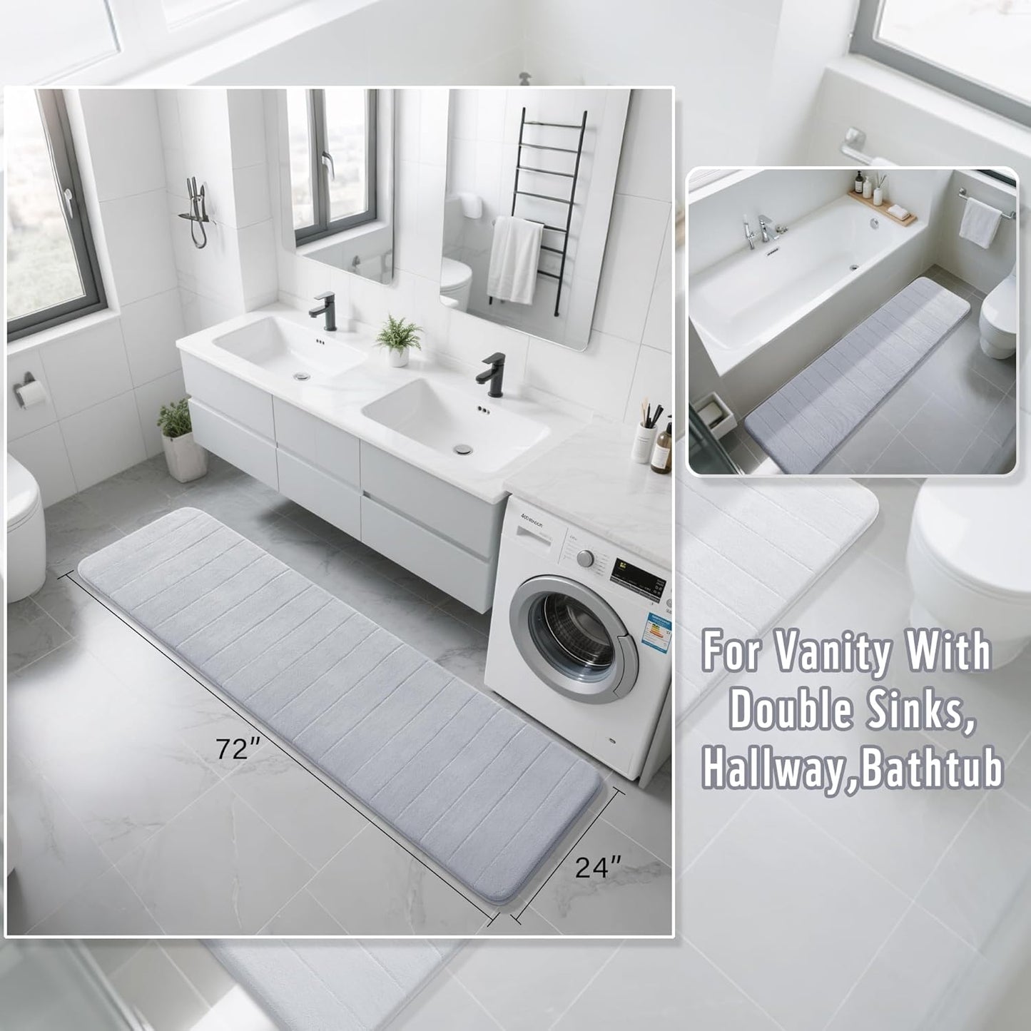 Yimobra Bathroom Runner Rugs 72"x24" Non Slip Washable Memory Foam Bath Mat, Super Soft Water Absorbent Hallway Carpet for Vanity Tub Shower, Silver