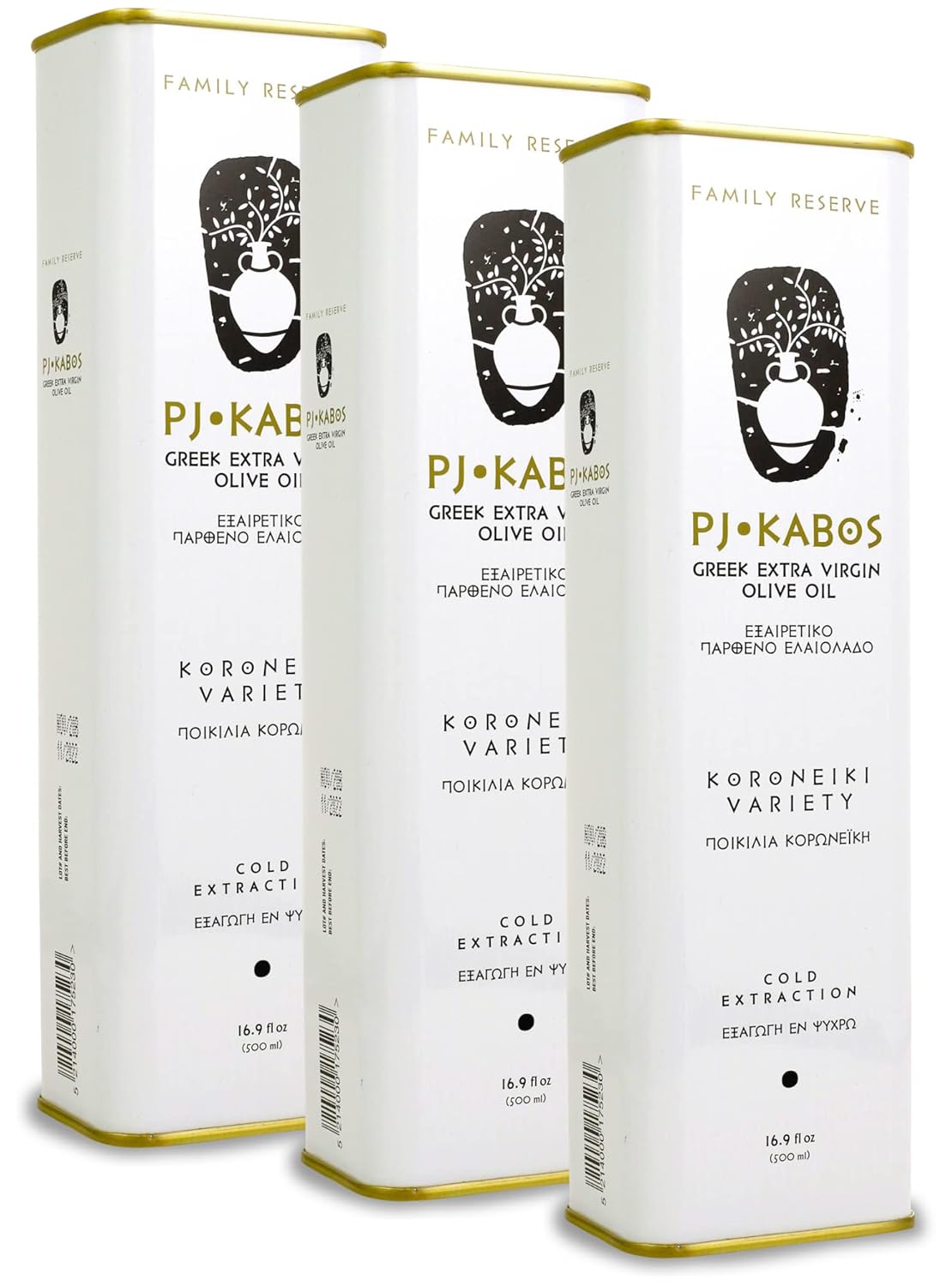 P.J. KABOS 2024/25 Harvest, High Phenolic (450+mg/kg), Premium Greek Extra Virgin Olive Oil, Kosher, Greece, Cold Extracted, 3 x 16.9 oz Tin, Koroneiki, "Family Reserve - Medium"