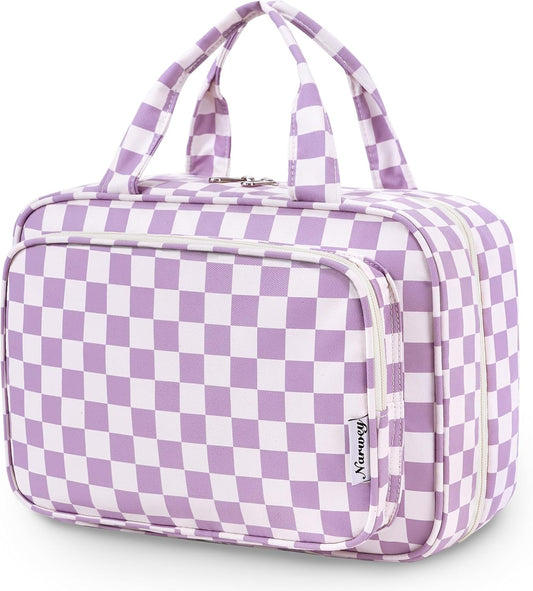 Narwey Travel Toiletry Bag for Women Large Hanging Makeup Bag Organizer Toiletries Bag for Full Size Essentials Accessories Cosmetics (Purple Checkerboard (Large))