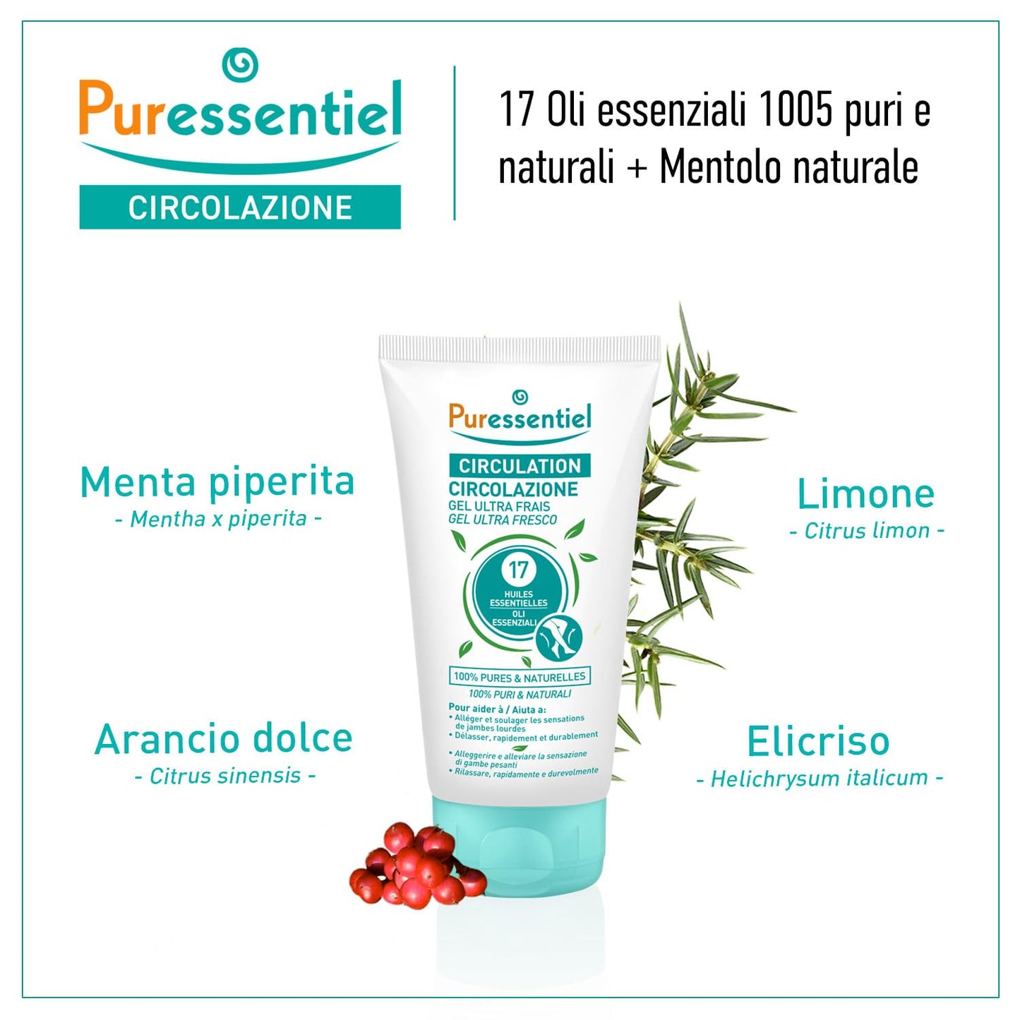 Puressentiel Soothing Gel for Tired Feet, Ankles, Legs - Aromatherapy Lotion with 17 Essential Oils for Body and Skin - Instant, Lasting Relief and Circulation - Natural and Alcohol Free - 4.22 oz