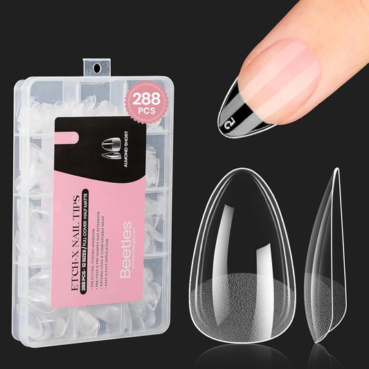 Beetles Short Almond Nail Tips: 12 Sizes 288 PCS Half Matte Full Cover Gel Tips Clear Acrylic Gel Nail Tips Almond Shape for DIY Extension