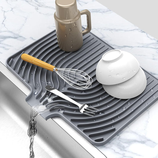 Dish Drying Matt for Kitchen Counter,18"×12"Silicone Dry Rack Mat with Built in Drain, Kitchen Dry Mats for Dishes Drying Pad for Counter(gray)