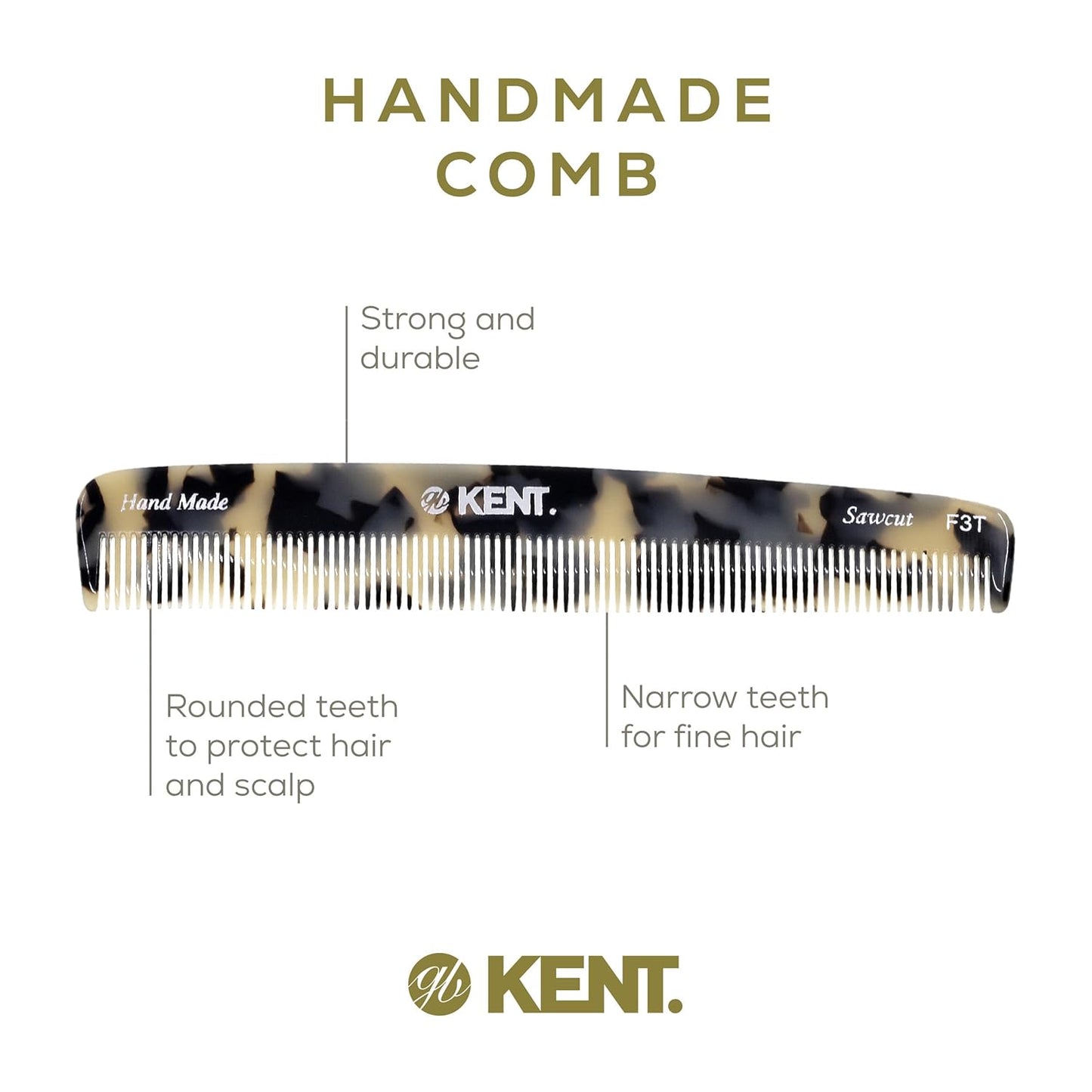 Kent F3TW Fine Tooth Comb - Hair Parting and Straightening Comb for Men's & Women's Dandruff Remover, Saw Cut and Hand Polished Made in England