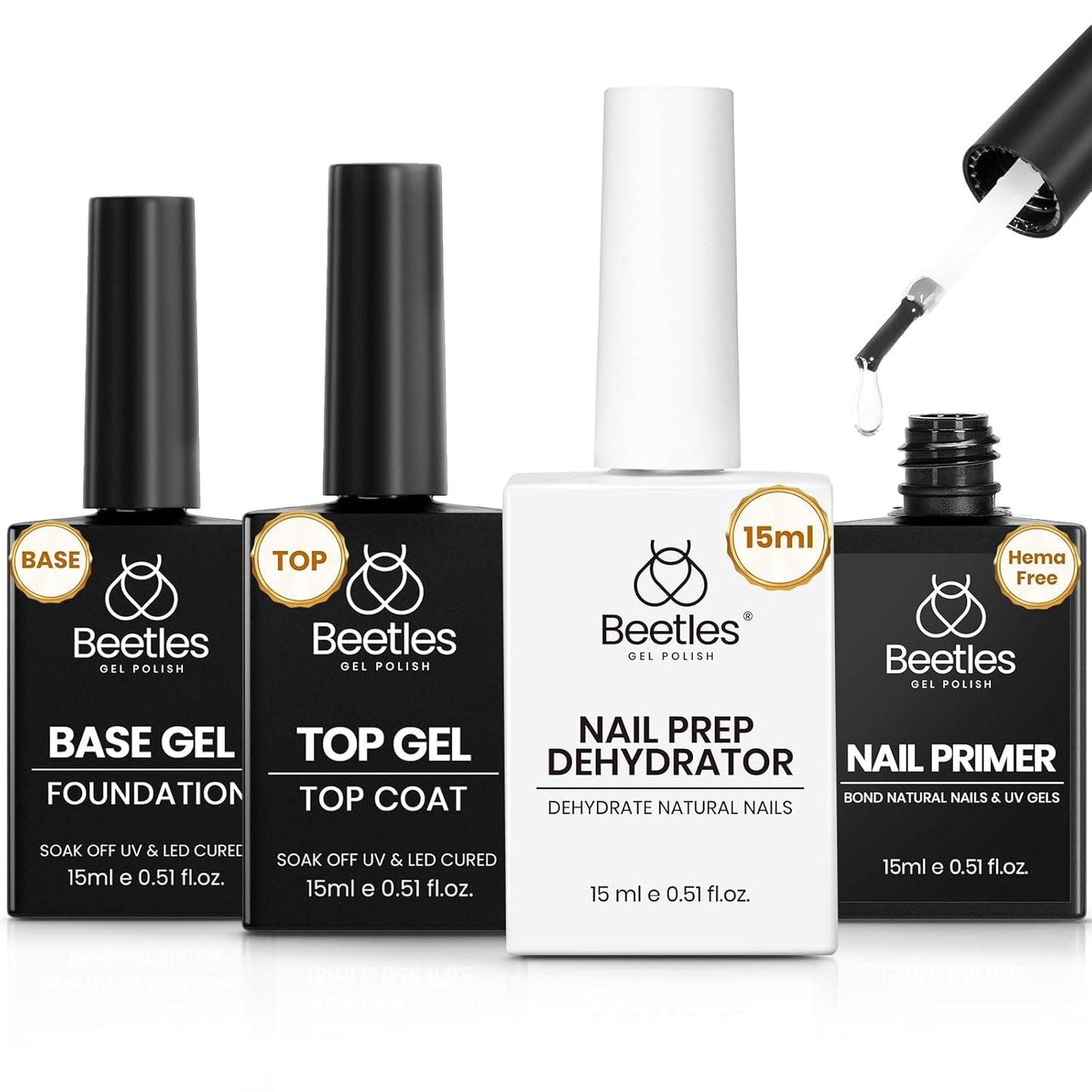 Beetles 4Pcs Gel Top Coat and Base Coat with Nail Dehydrator and Primer Set - Acid-Free & Hema-Free Nail Bond for Gel Polish & Acrylic Nails, Long-Lasting for Professional Manicure Prep Kit